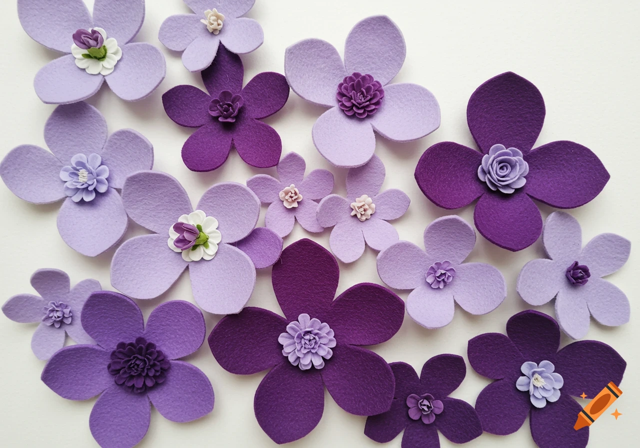 A flat lay of purple and lavender felt flowers with detailed centers on a white background, creating a gradient.
