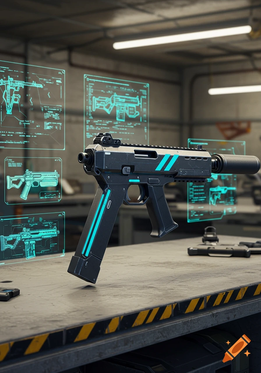A futuristic black and teal submachine gun floats over a workbench with holographic weapon schematics in a tech workshop.