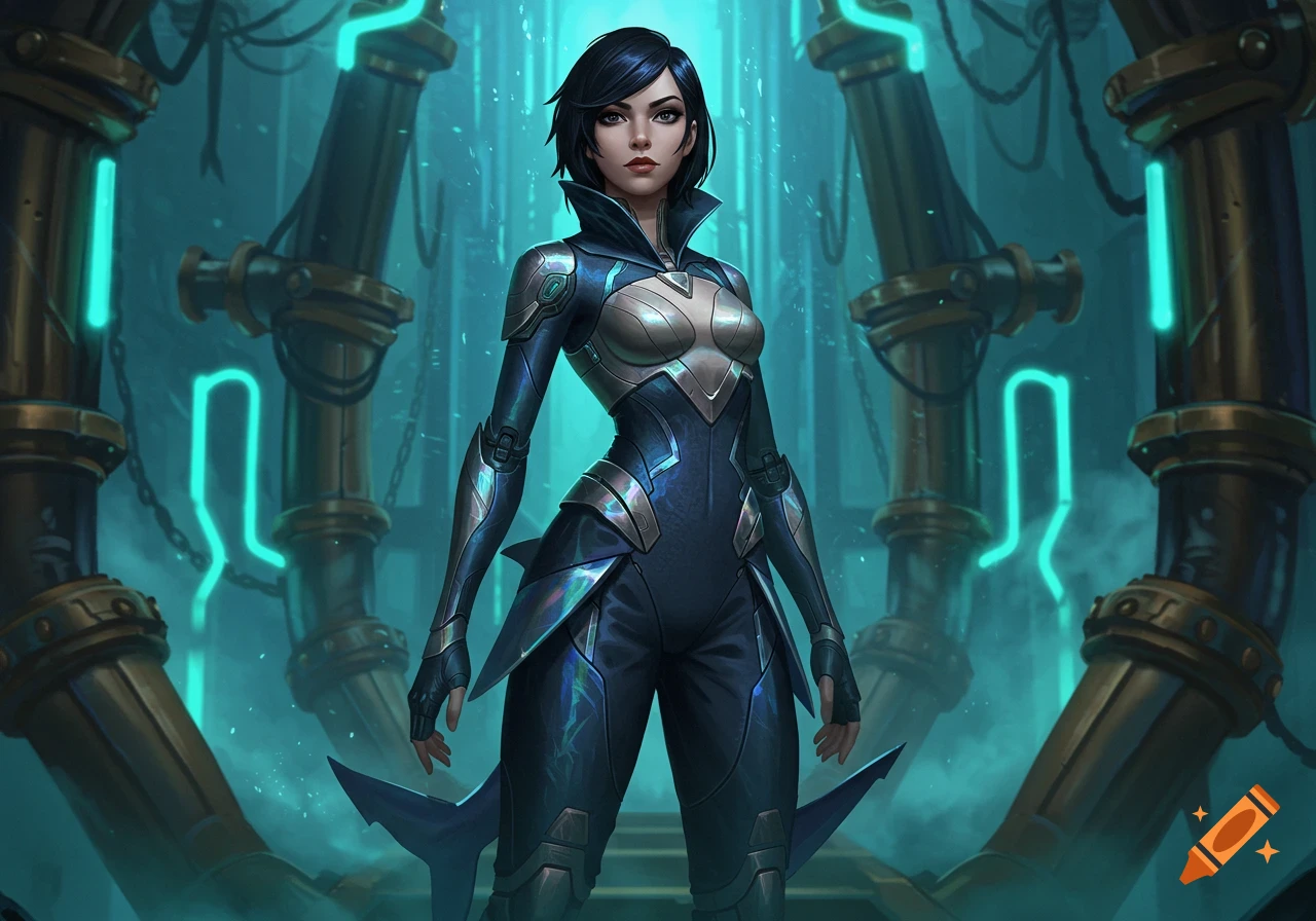 A dark-haired woman in a futuristic blue and silver armored suit stands in a sci-fi industrial setting with glowing teal pipes.