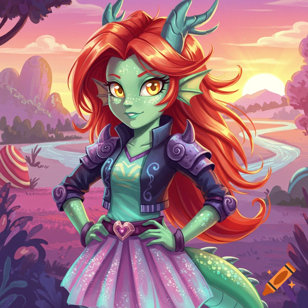 A colorful cartoon illustration of a green-skinned dragon girl with red hair, dressed in a jacket and skirt, standing in a vibrant fantasy landscape at sunset.