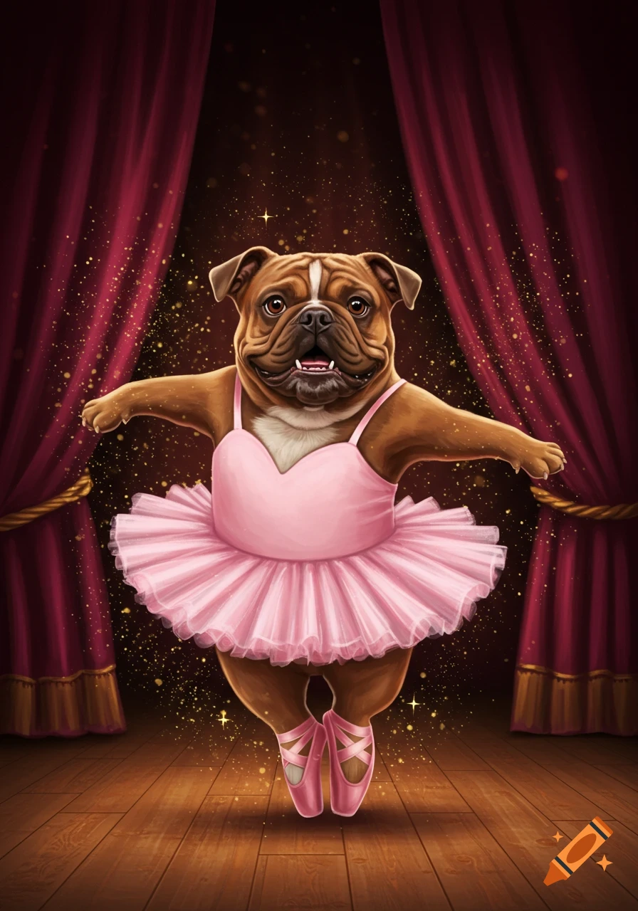 An illustrated bulldog wearing a pink tutu and ballet shoes dances on a wooden stage with red curtains.