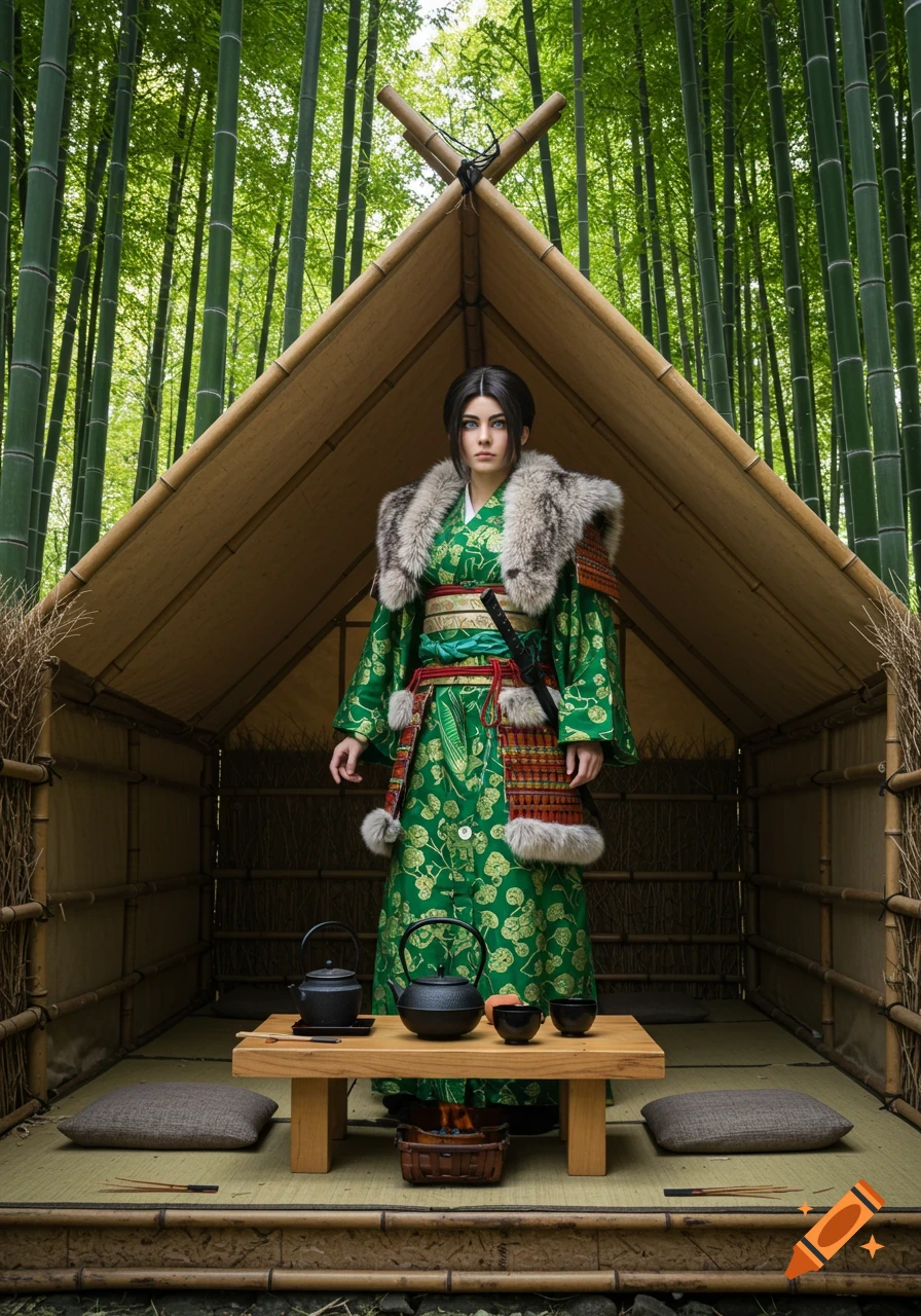 A stylized woman with blue eyes and dark hair, wearing a green, gold, and fur-lined outfit with a sword, stands inside a bamboo tent with a wooden table, teapots, and cushions. A dense bamboo forest is in the background.