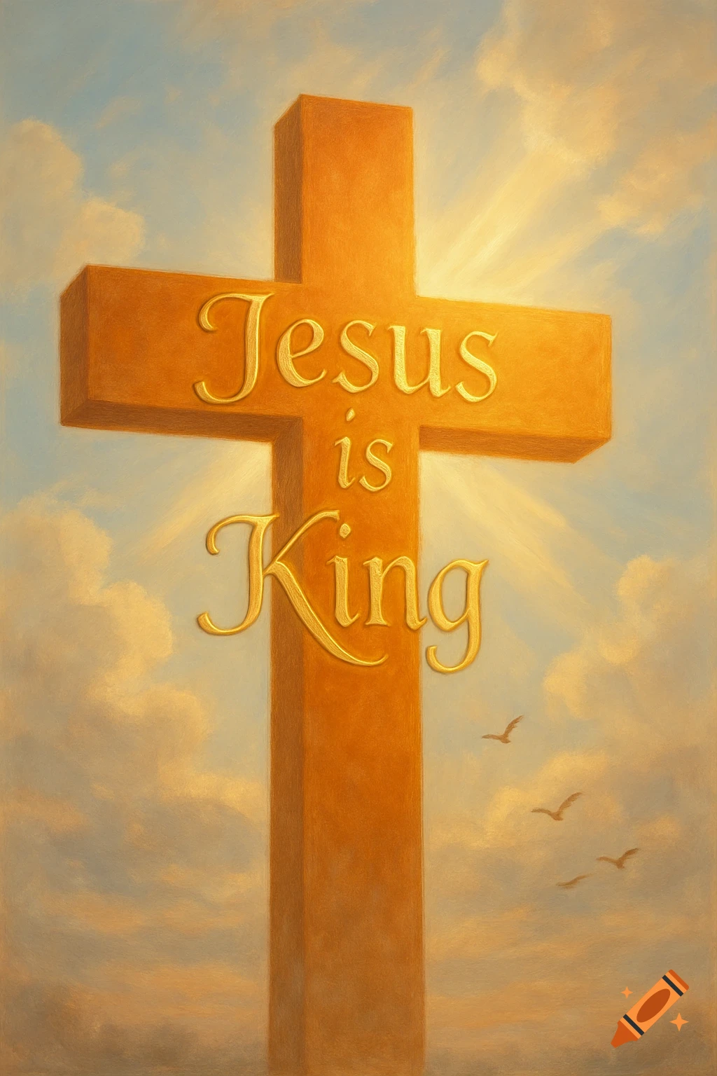 An orange cross with 'Jesus is King' inscribed on it, set against a bright sky with clouds and sun rays, in a painterly style.