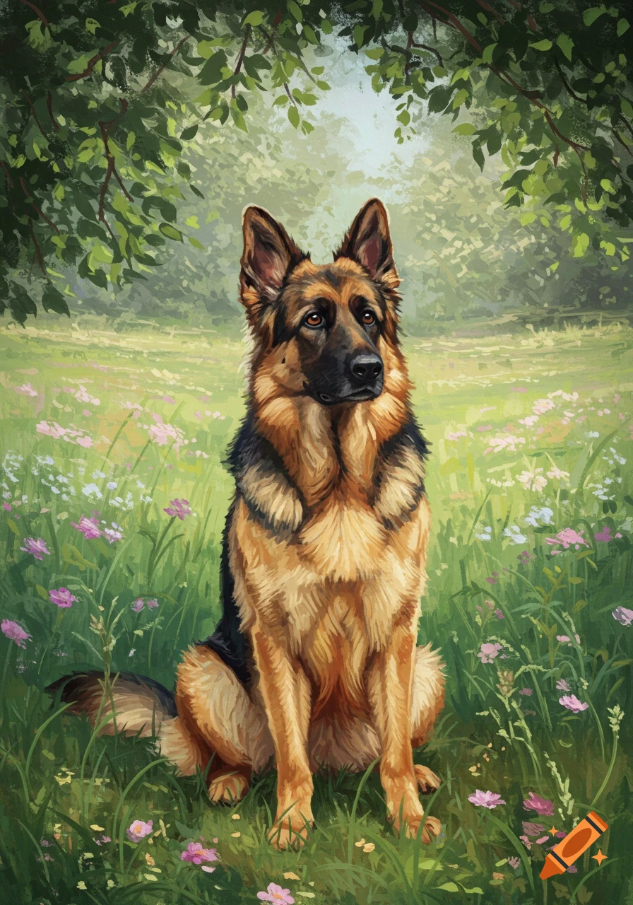 A German Shepherd dog with a black and tan coat sits in a grassy field with pink and white flowers, beneath green trees, in an oil painting style.