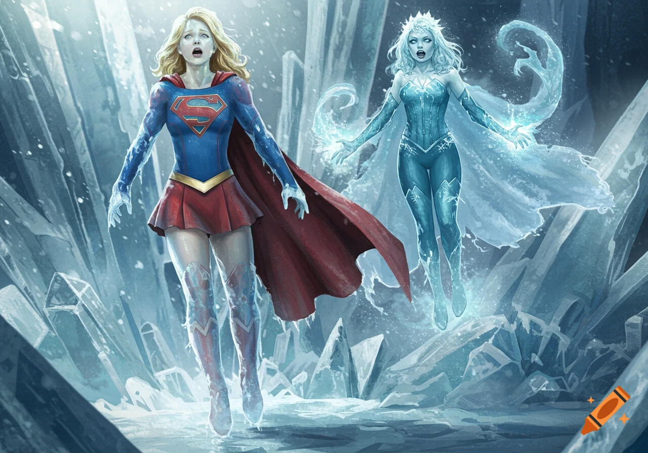 Supergirl, partially encased in ice with a surprised expression, faces Killer Frost, who stands on the right, surrounded by ice and glowing with frosty power in a frozen landscape.
