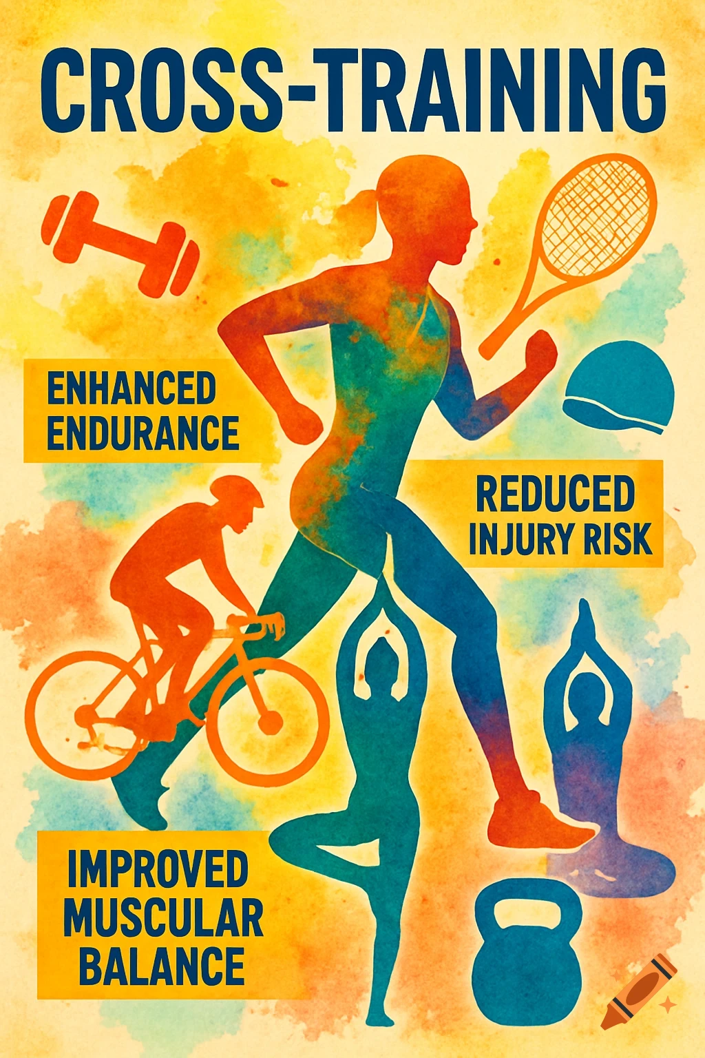 A colorful watercolor-style informational poster about cross-training, showing silhouettes of a runner, cyclist, and yoga poses with exercise equipment and text describing benefits.