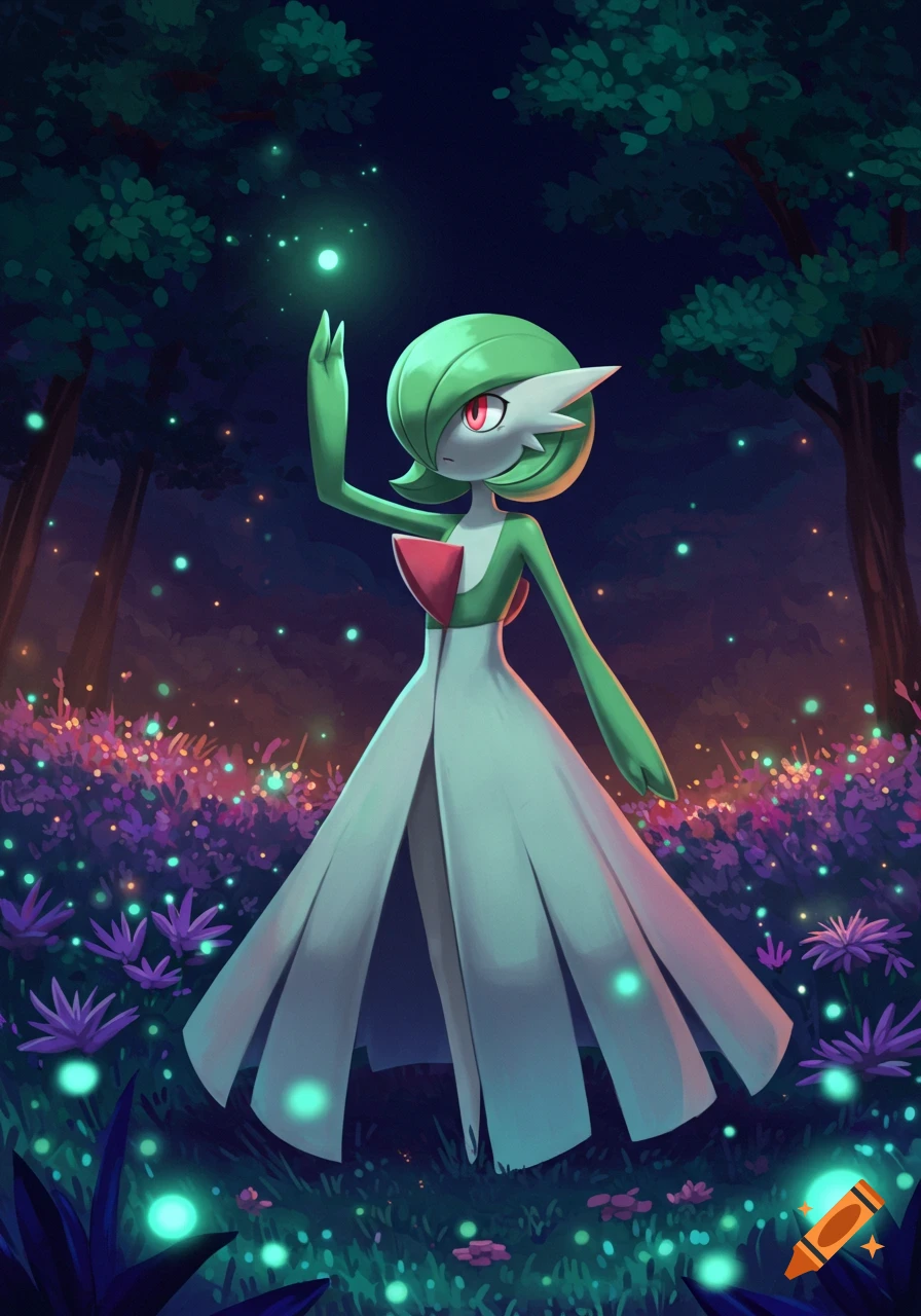 Gardevoir, a green and white bipedal Pokemon, raises a hand in a dark, mystical forest with glowing blue and purple plants.