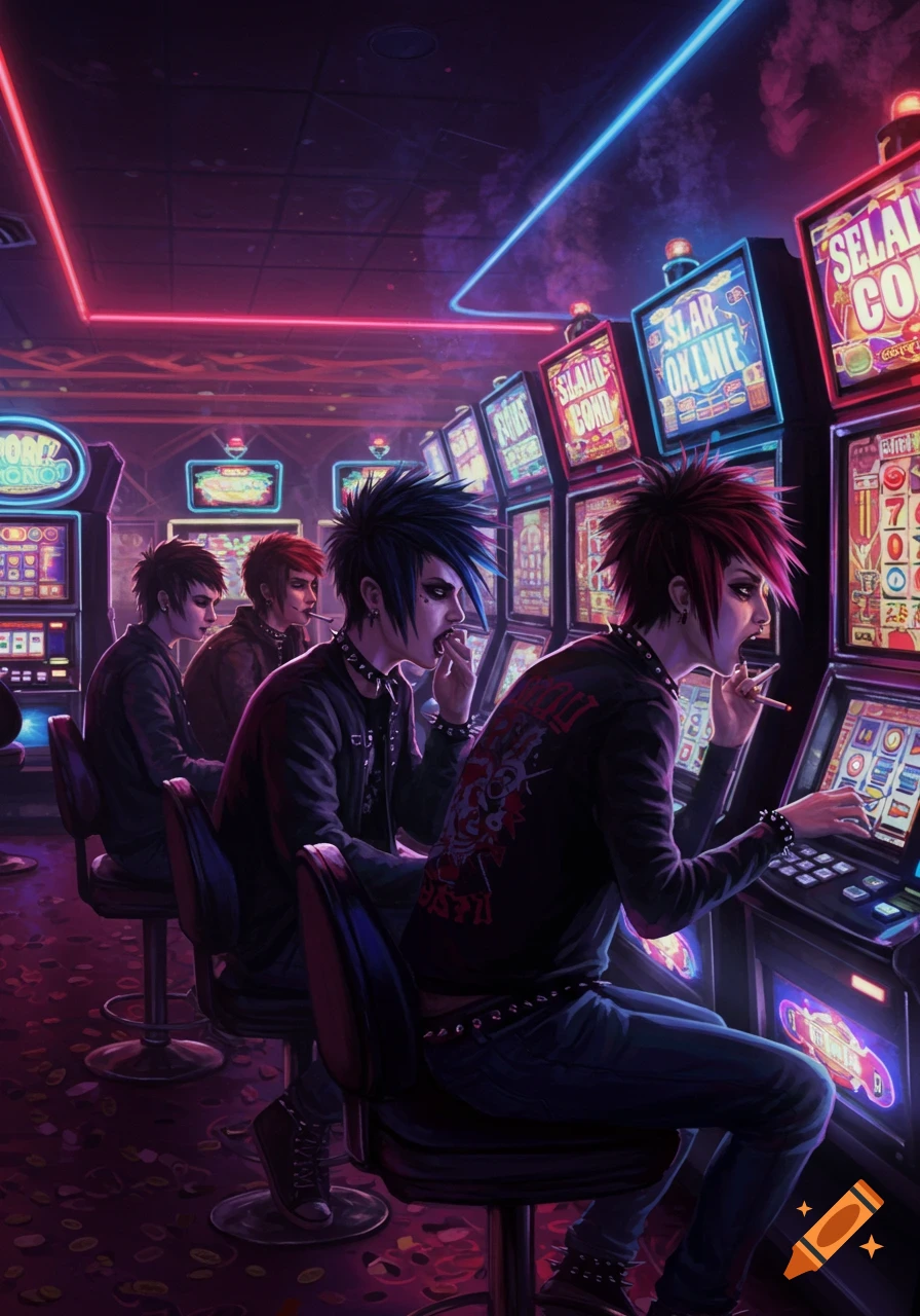 Emo/scene people playing slot machines in a neon-lit casino in Vegas, digital art.