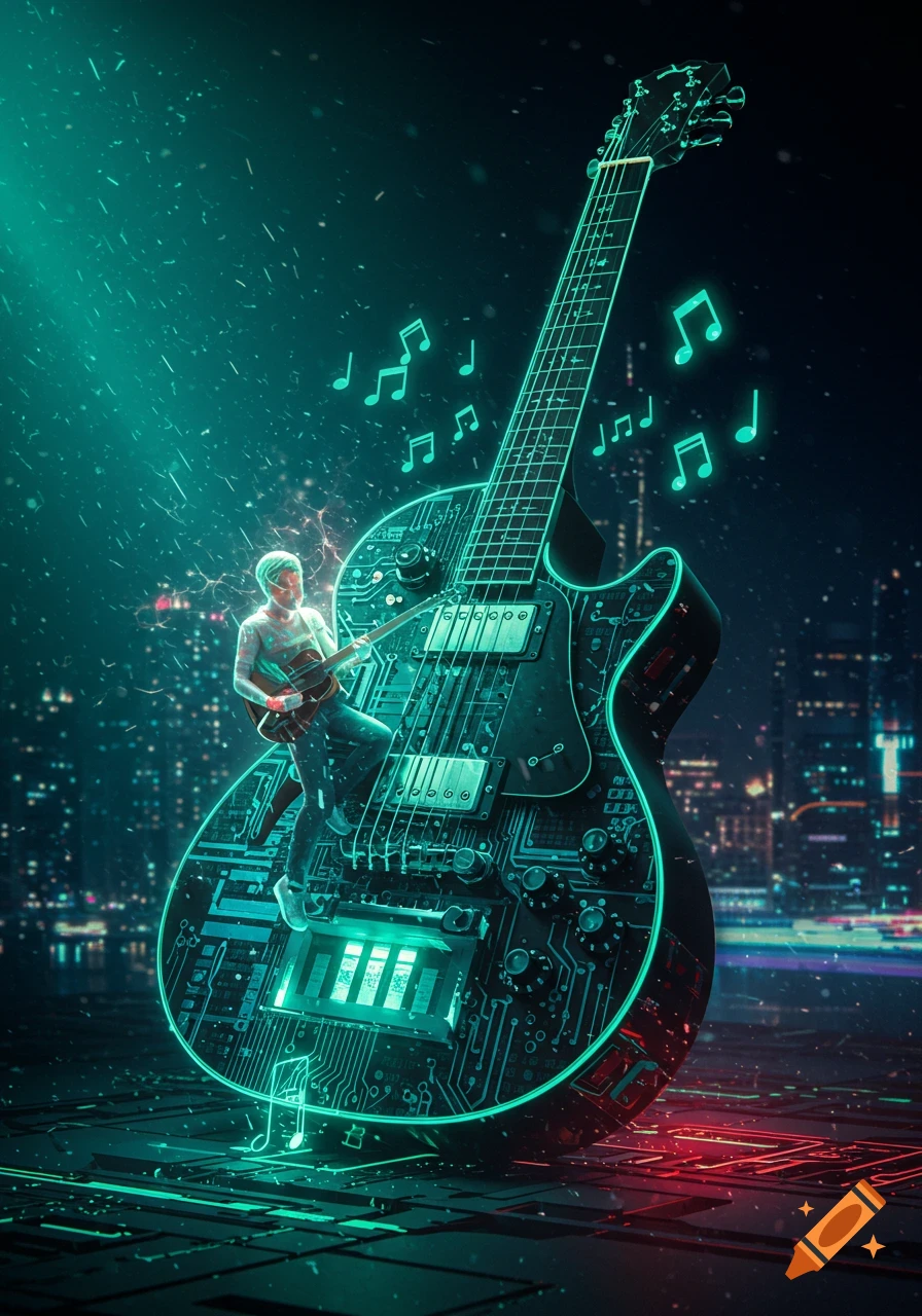 A miniature person plays a massive, glowing electric guitar with circuit board designs against a cyberpunk city.