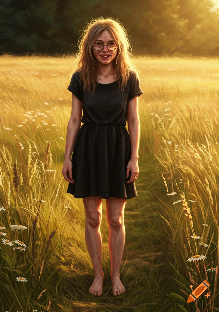 A barefoot woman with long, matted hair and wireframe glasses stands smiling in a sunlit golden field.
