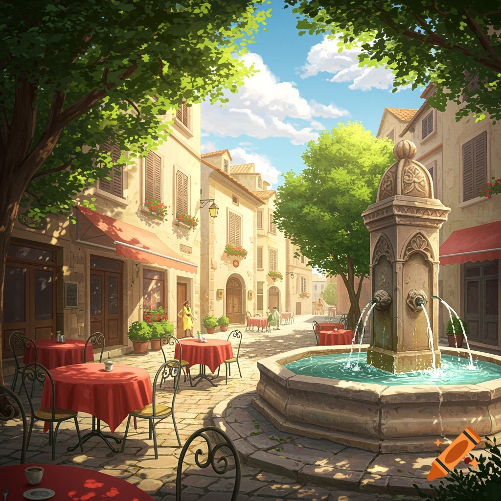 An illustrated bustling European street scene with a cafe, fountain, and people under green trees.