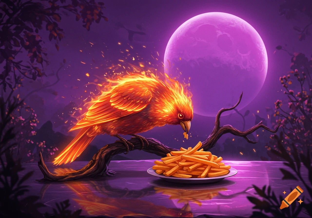 A blazing orange bird eats french fries from a plate on a branch, illuminated by a large purple full moon in a magical purple landscape.