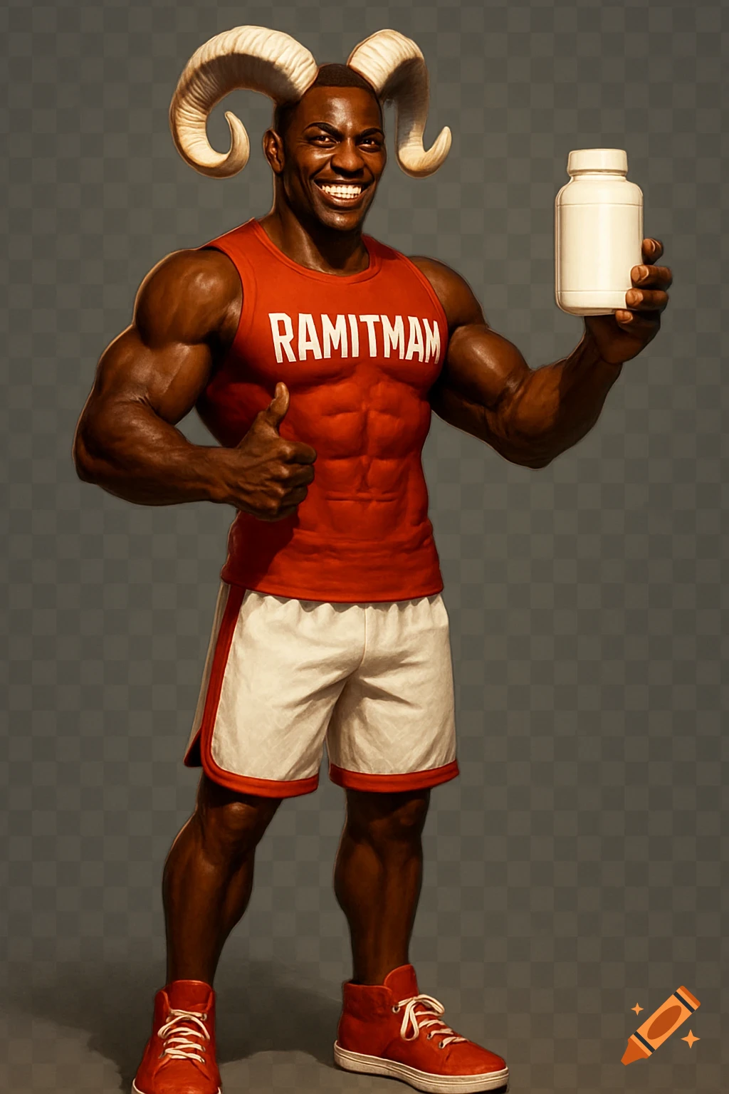 A muscular man with ram horns wears a red 'RAMITMAN' tank top, holding a supplement bottle and giving a thumbs up.
