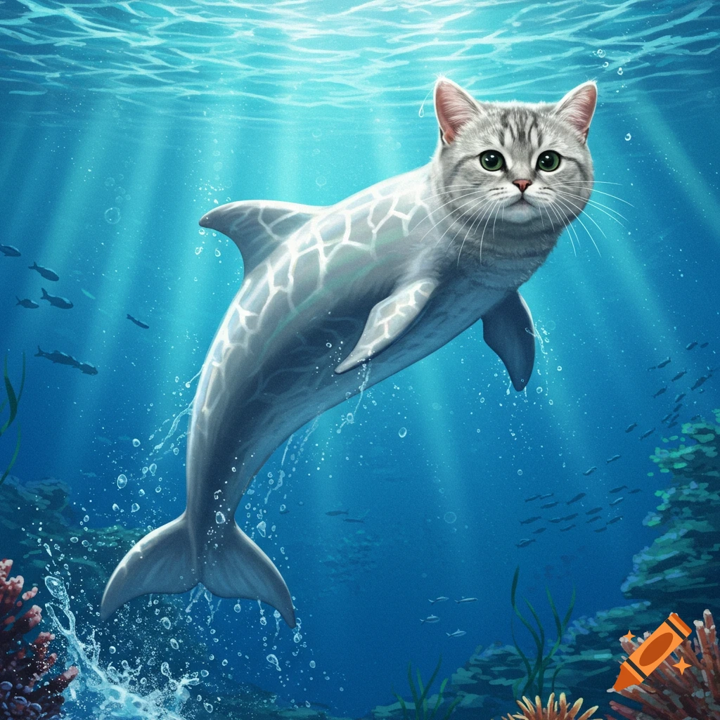A grey tabby cat with a dolphin's body swims gracefully underwater amidst coral and fish.