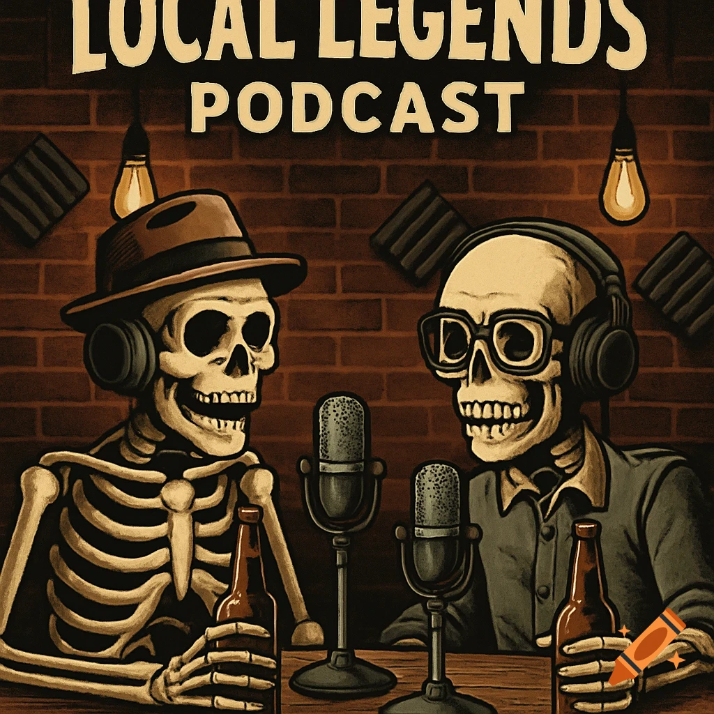 Two illustrated skeletons with headphones and microphones host a podcast, holding beer bottles. Text reads 'LOCAL LEGENDS PODCAST'.
