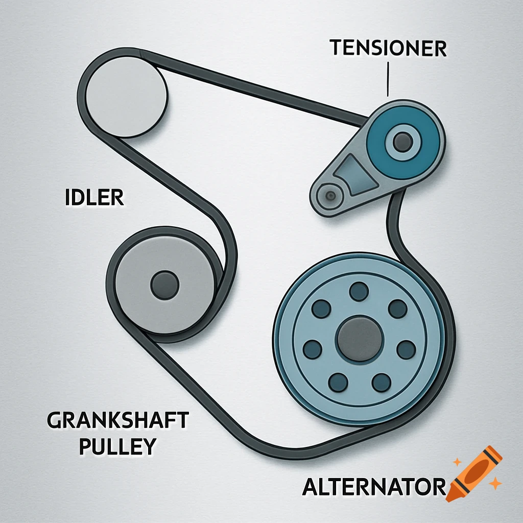 A clear diagram illustrating the path of a serpentine belt, connecting and labeling the idler, crankshaft pulley, tensioner, and alternator.