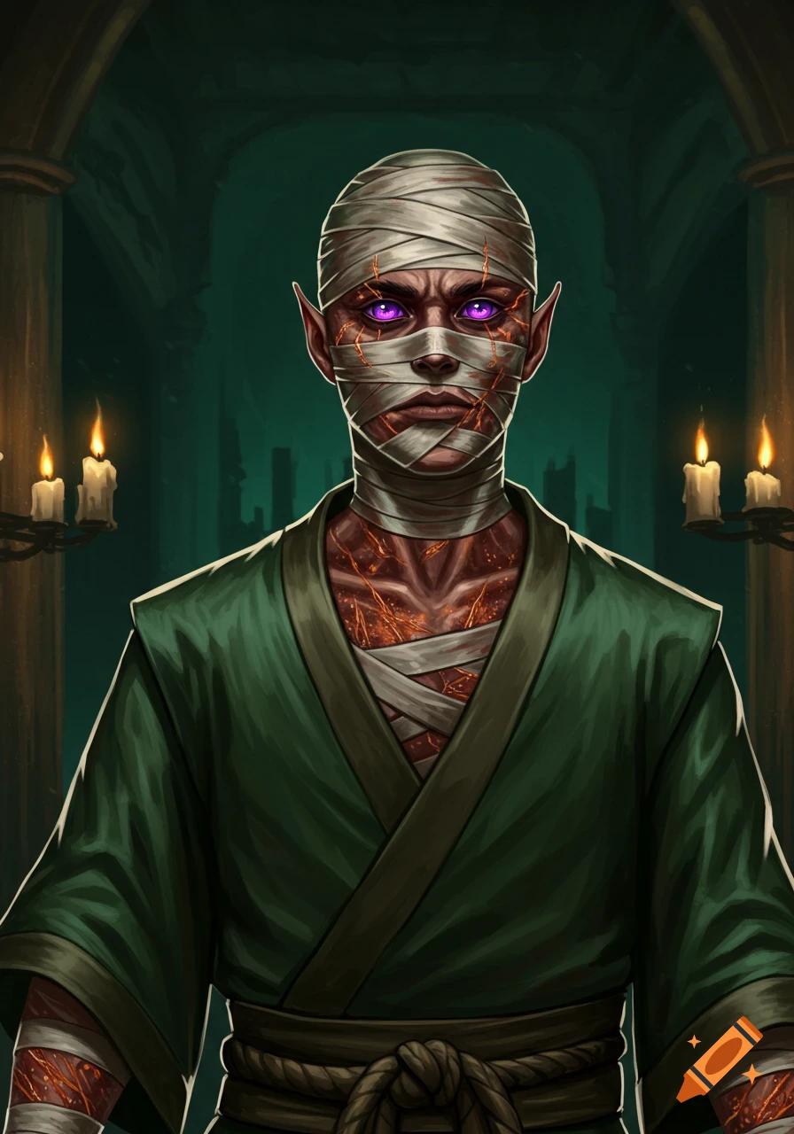 A fantasy character portrait showing a burn victim with bandages, glowing purple eyes, and scarred skin, wearing a green kimono in a dark, candlelit setting.