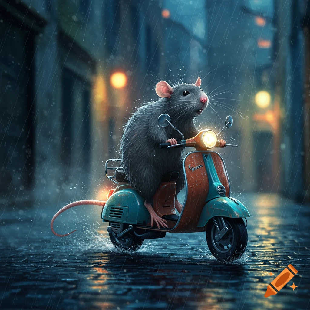A stylized rat rides a teal and orange Vespa scooter through a rainy city street, with water splashing.