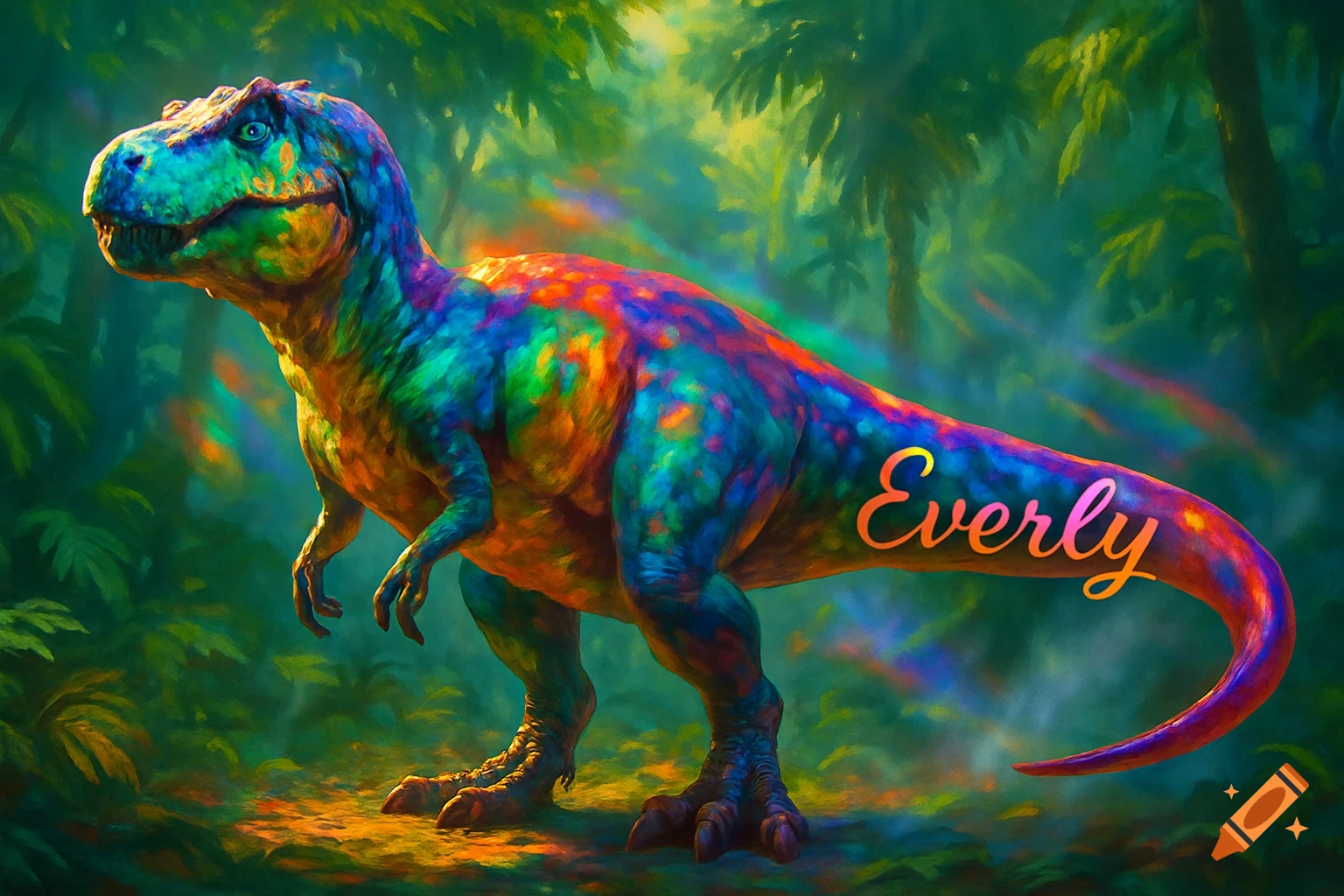 A vibrant, rainbow-colored dinosaur stands in a lush jungle, with the name 'Everly' written on its tail.
