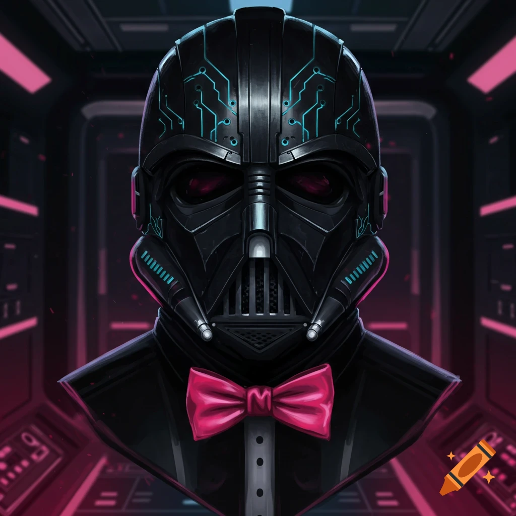 A dark, futuristic helmet resembling Darth Vader with glowing blue circuit lines and a pink bow tie, set in a sci-fi corridor.