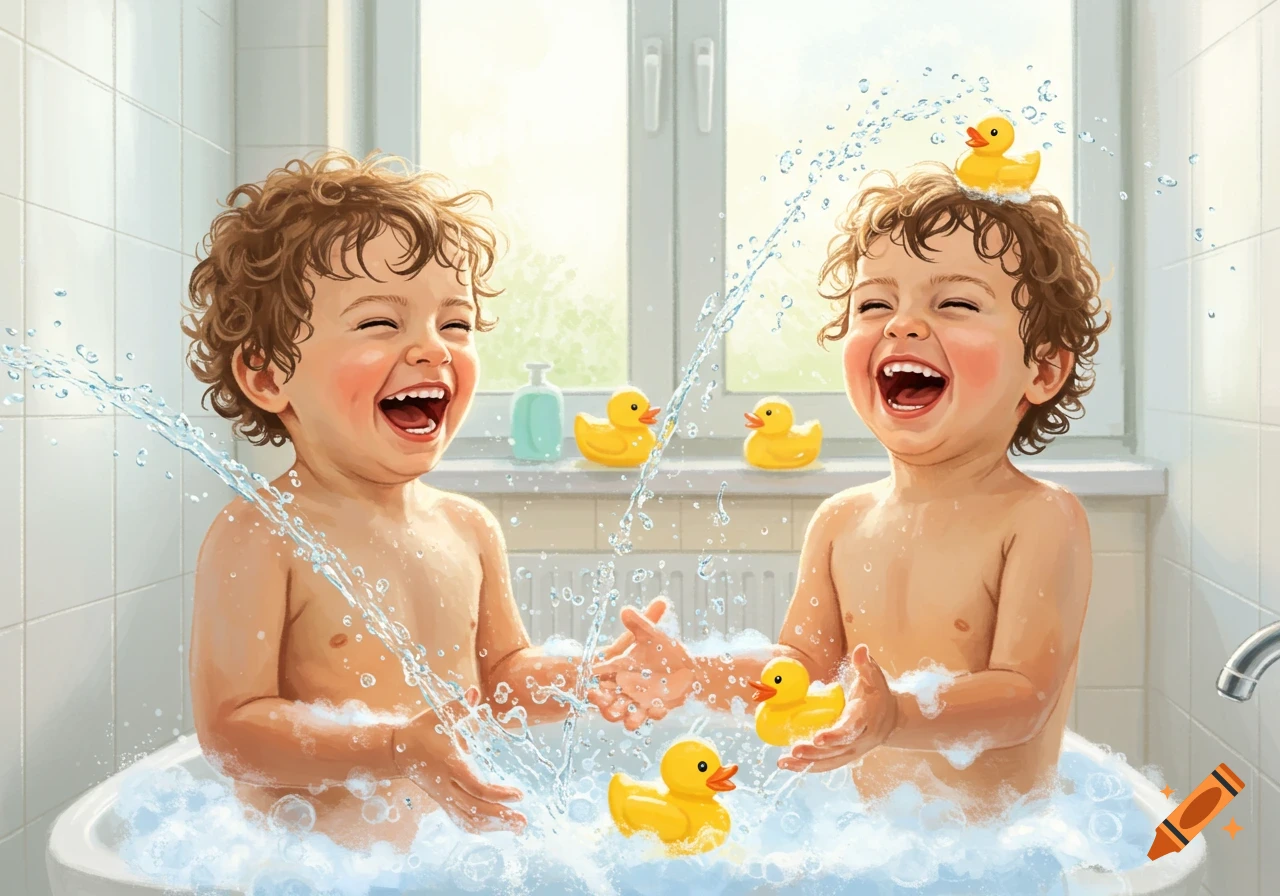 Two joyful twin toddlers with curly hair splash water and play with rubber ducks in a bubble bath.
