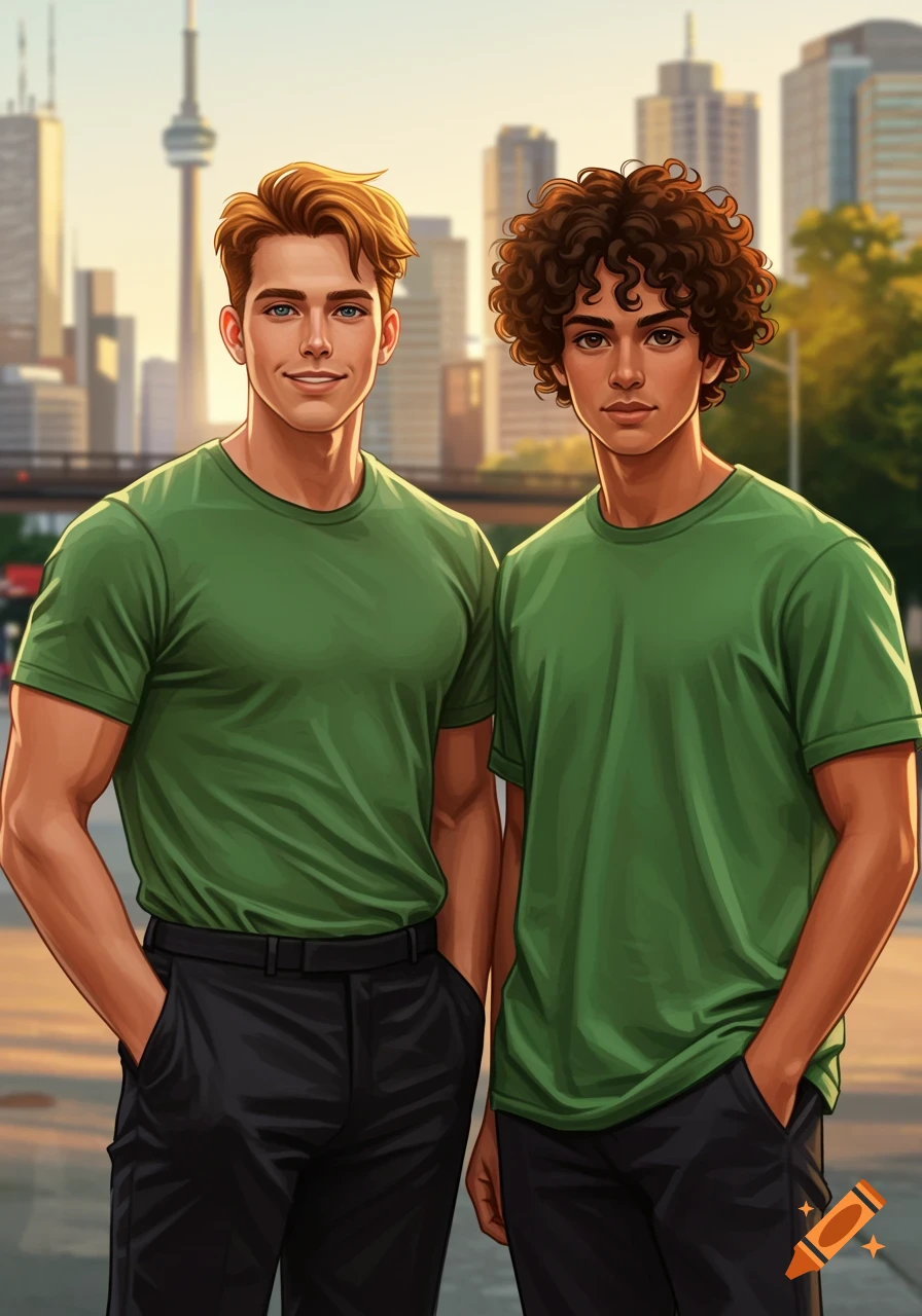 Two animated male characters in green t-shirts and black trousers stand in front of a city skyline with the CN Tower.