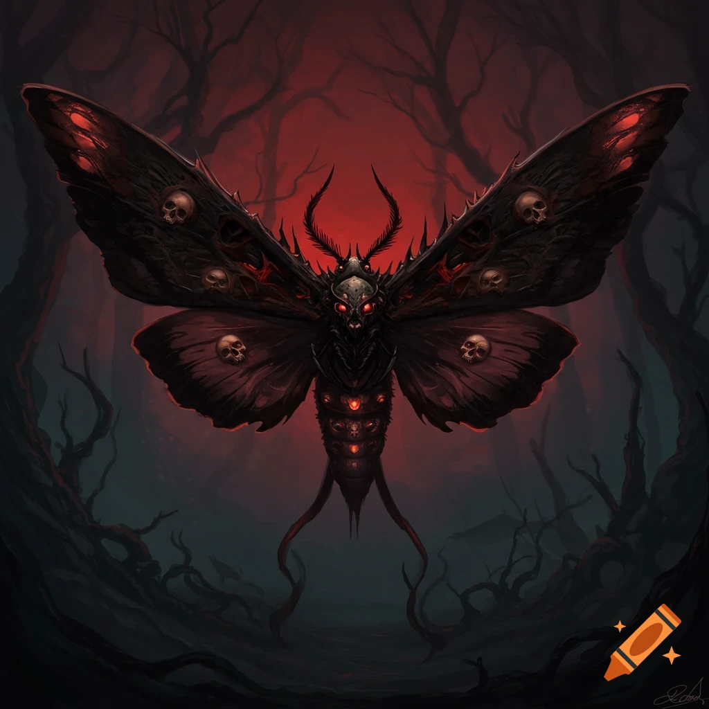 A dark, demonic moth with red glowing eyes and skulls on its wings, against a red-lit spooky forest background.