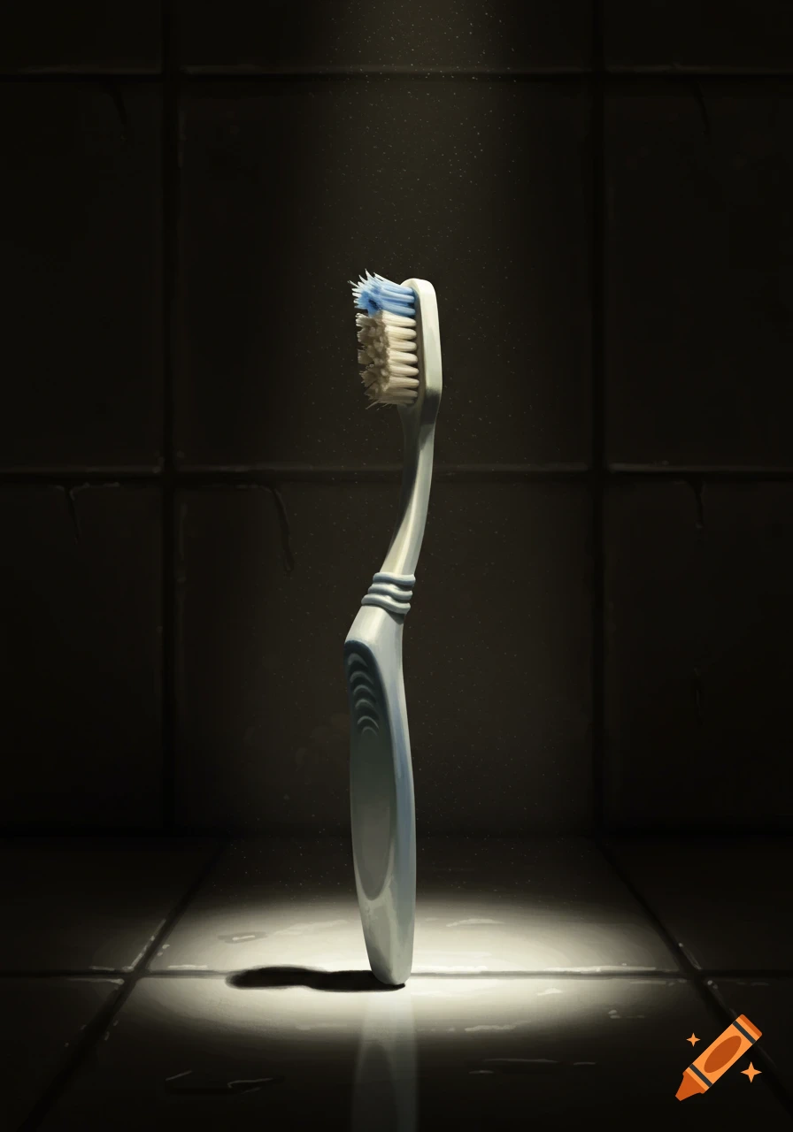 A worn-out toothbrush stands upright in a dimly lit bathroom, dramatically lit by a spotlight.