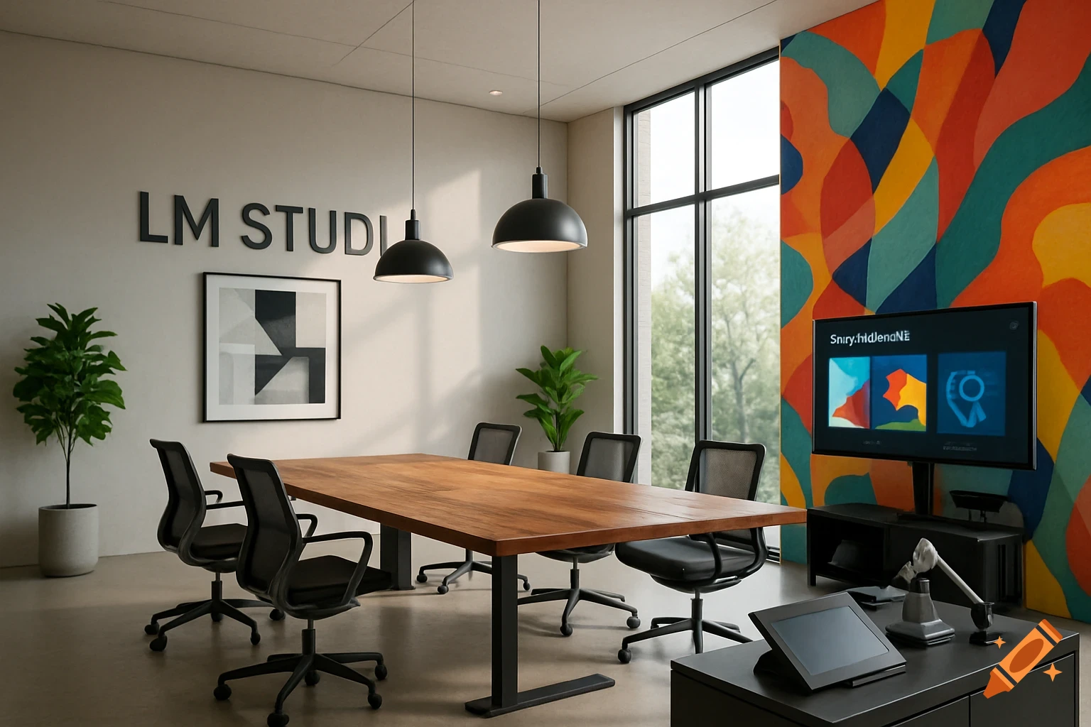 Photorealistic image of a modern meeting room with a wooden table, black chairs, and a large TV screen displaying abstract patterns. The wall features 'LM STUDIO' lettering and a colorful abstract mural.