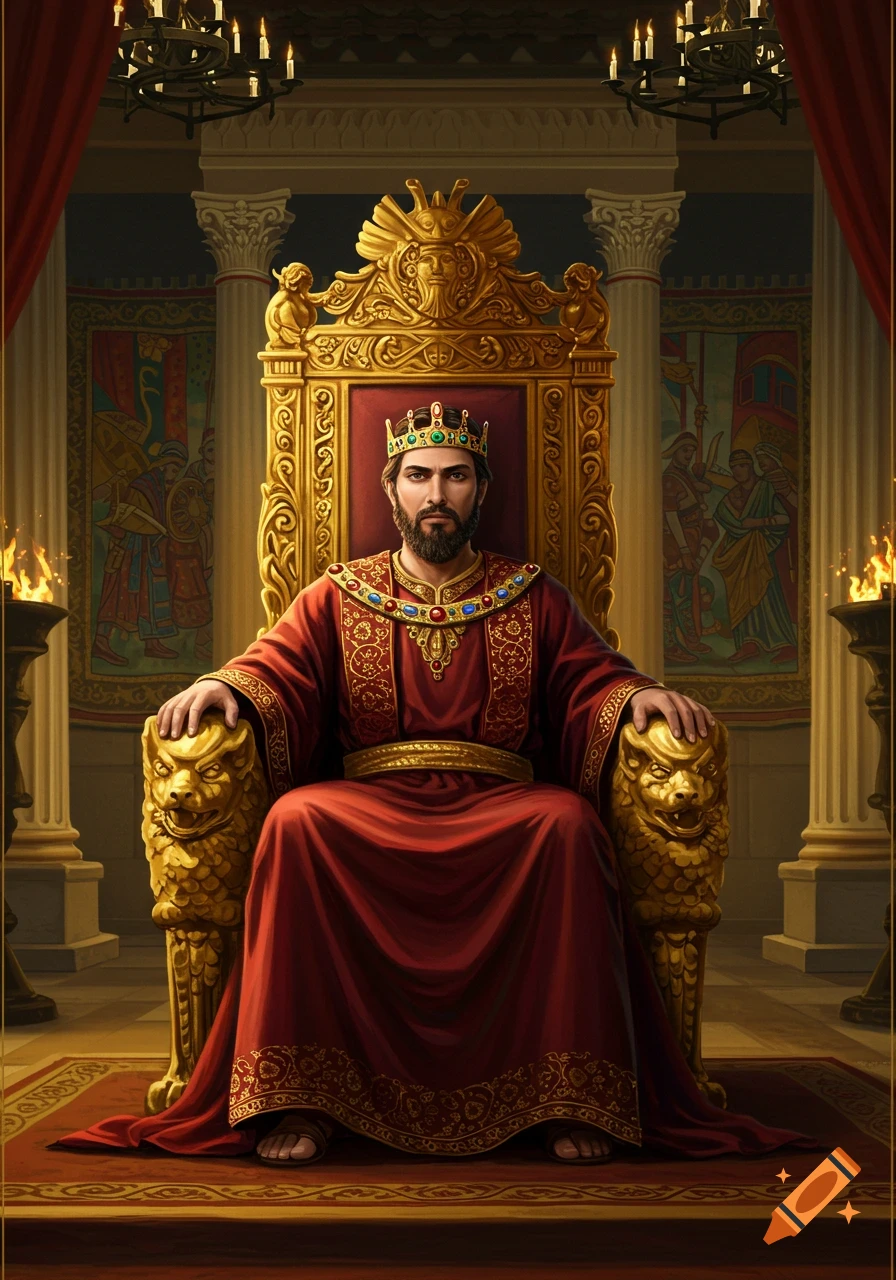 A bearded king in a red robe and crown sits on an ornate golden throne in a grand, illuminated hall with tapestries.