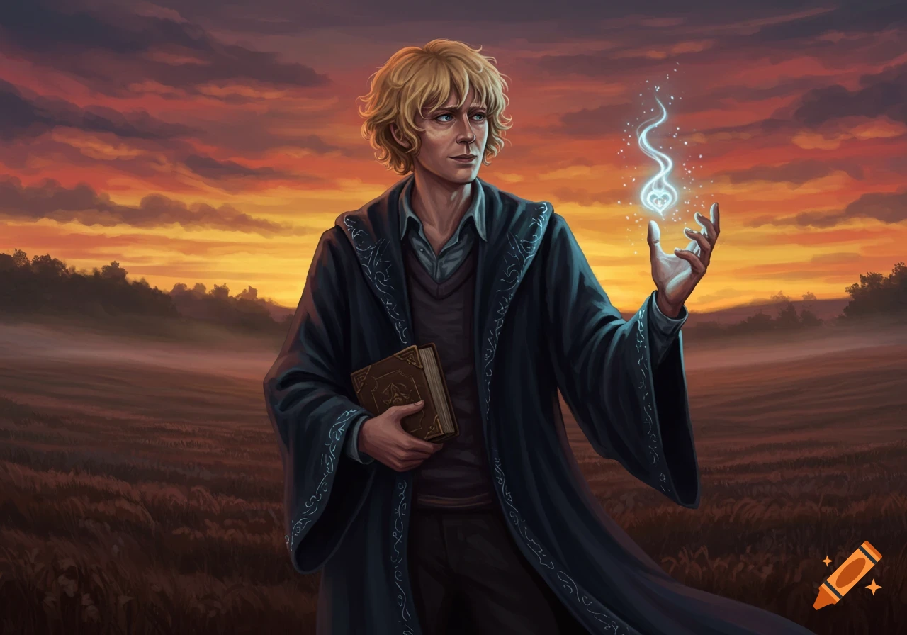 A young man with blonde hair in a dark robe holds a book and a glowing blue light in a field at sunset, in a painted style.