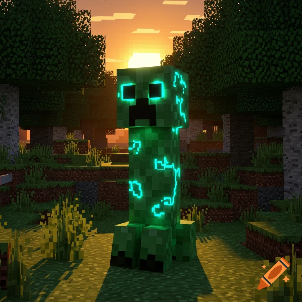 A glowing green Minecraft Creeper stands in a blocky forest at sunset.
