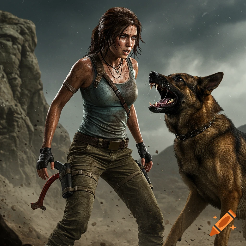 Photorealistic image of Lara Croft in a dirty tank top and pants, facing off against a snarling German shepherd in a rocky, dusty, stormy environment.