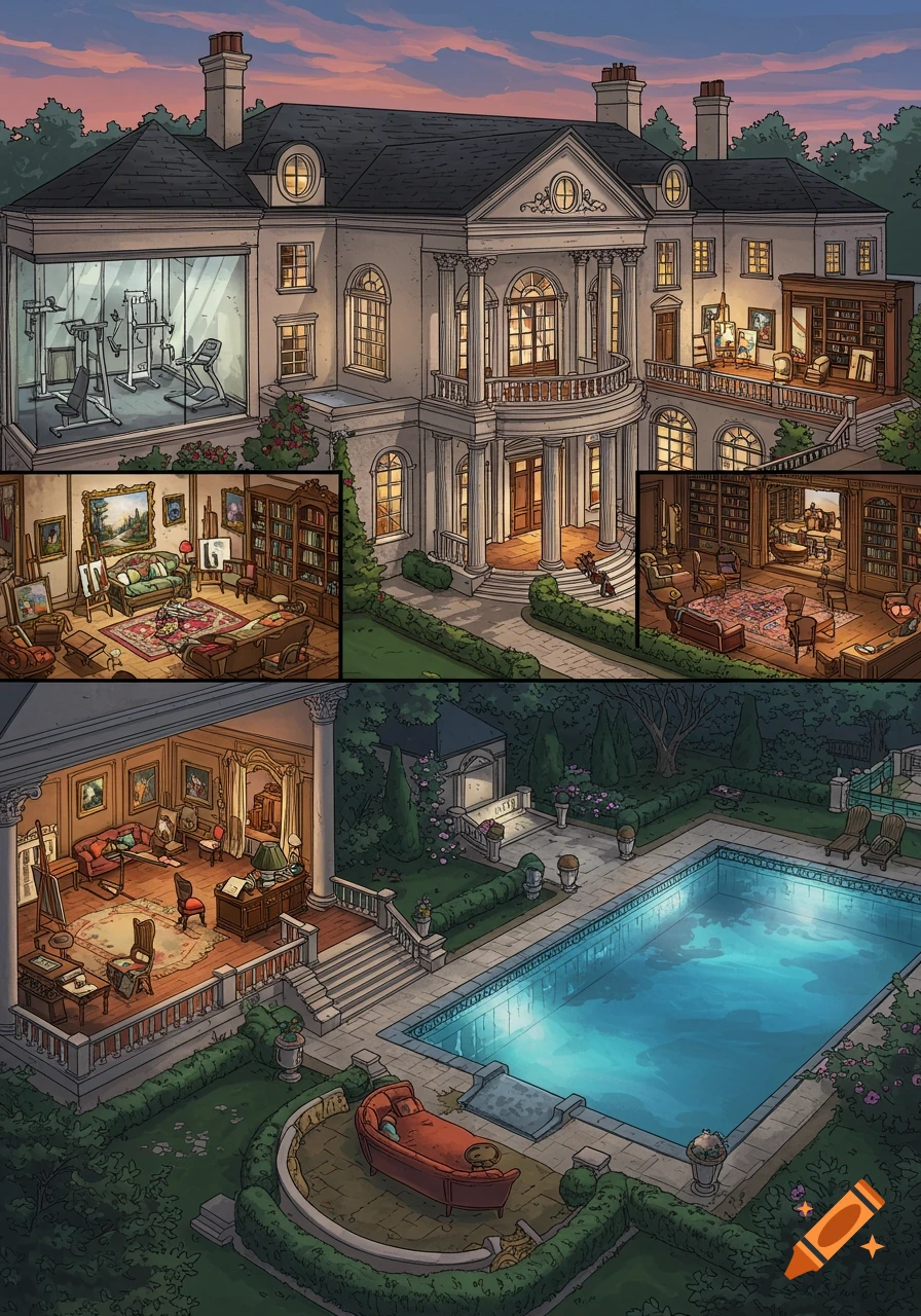 An elaborate cartoon mansion with a large portico, a visible glass-walled gym, an art studio balcony, a library, and a swimming pool in a lush garden setting at dusk.