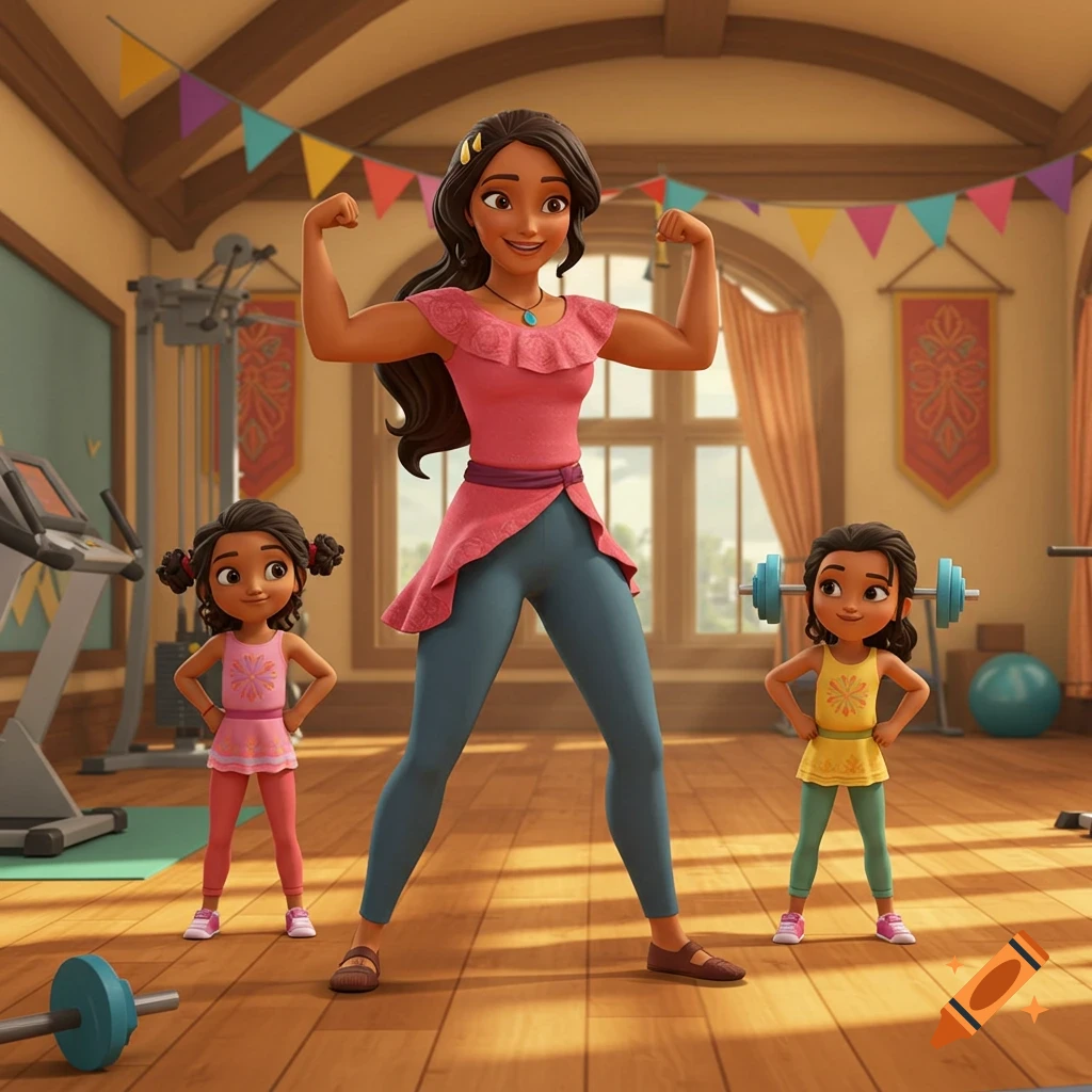 A cartoon woman flexes her arm muscles in a gym, with two young girls standing next to her. One girl holds a small barbell.