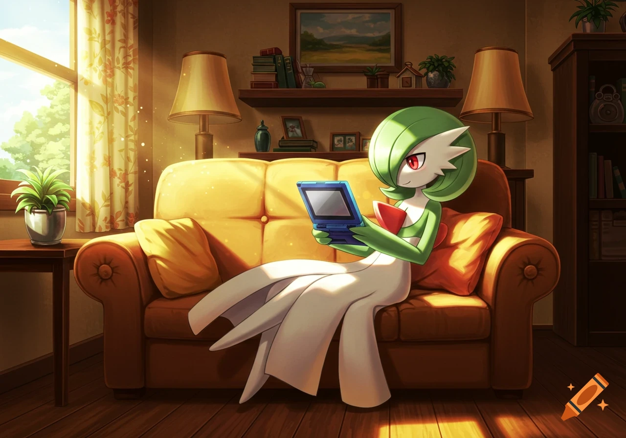 Anime-style Gardevoir sitting on a yellow couch in a sunlit cozy living room, playing a blue portable console.