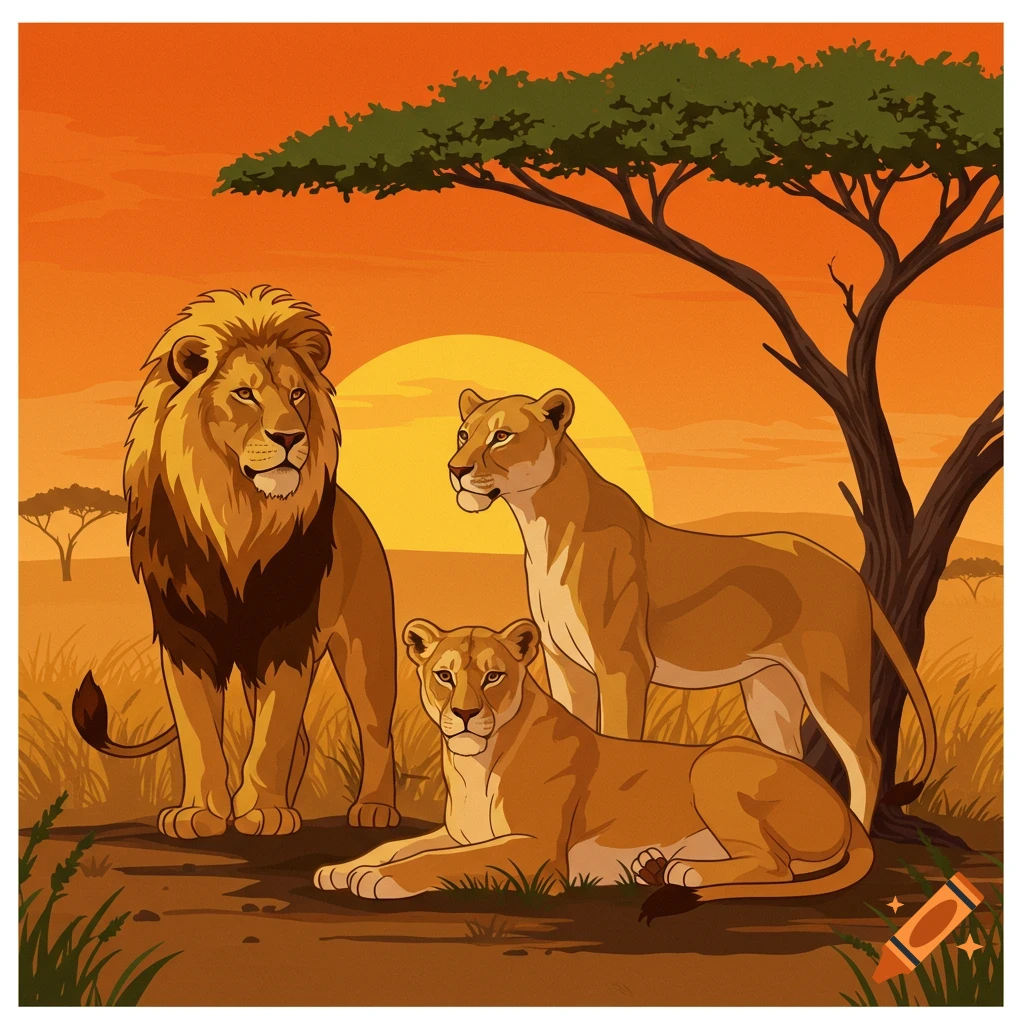 A clip art style illustration of a lion family (a male, and two lionesses) in a savanna at sunset.