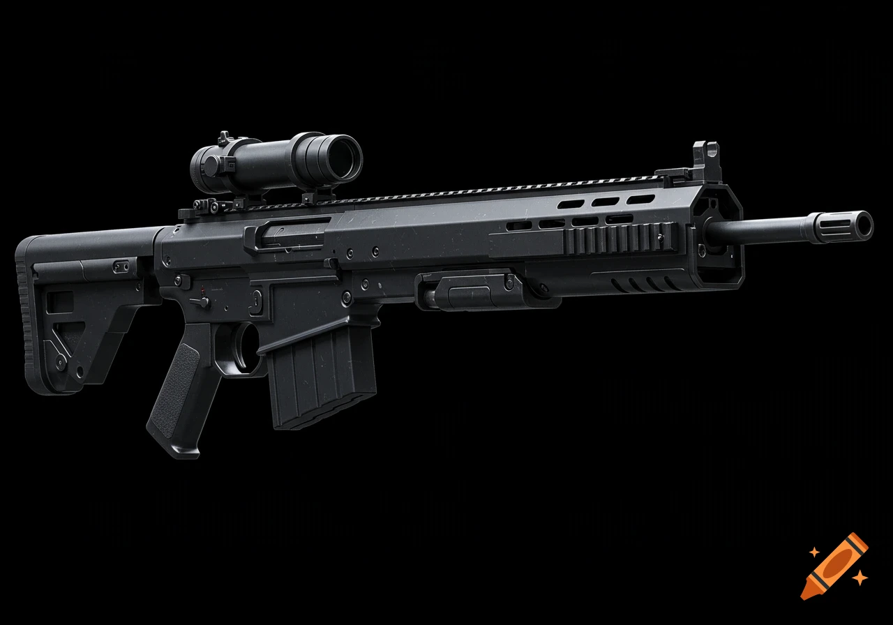 Photorealistic close-up of a black DMR rifle with a scope on a solid black background.