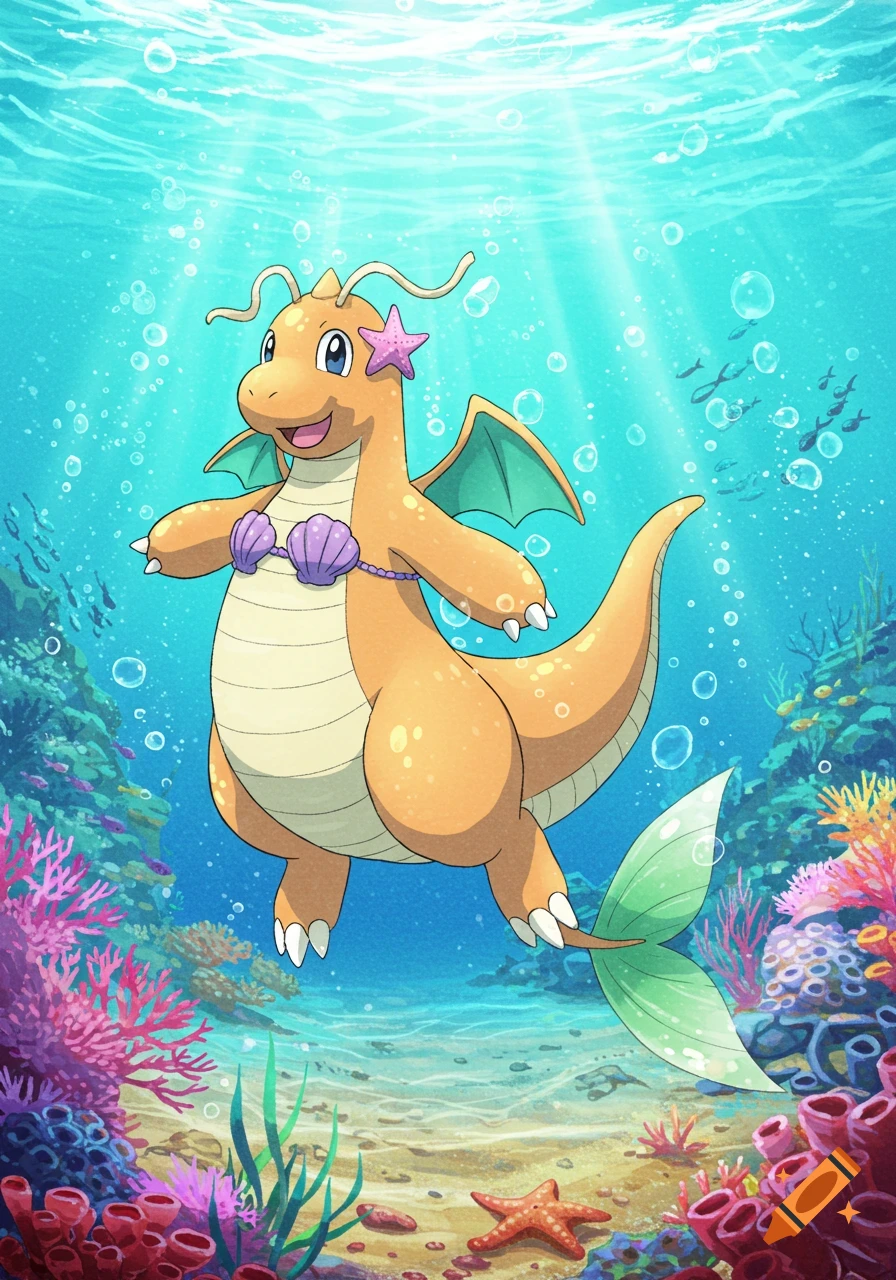 A cheerful Dragonite in a purple seashell bra and green mermaid tail swims underwater among coral and small fish, in an anime art style.