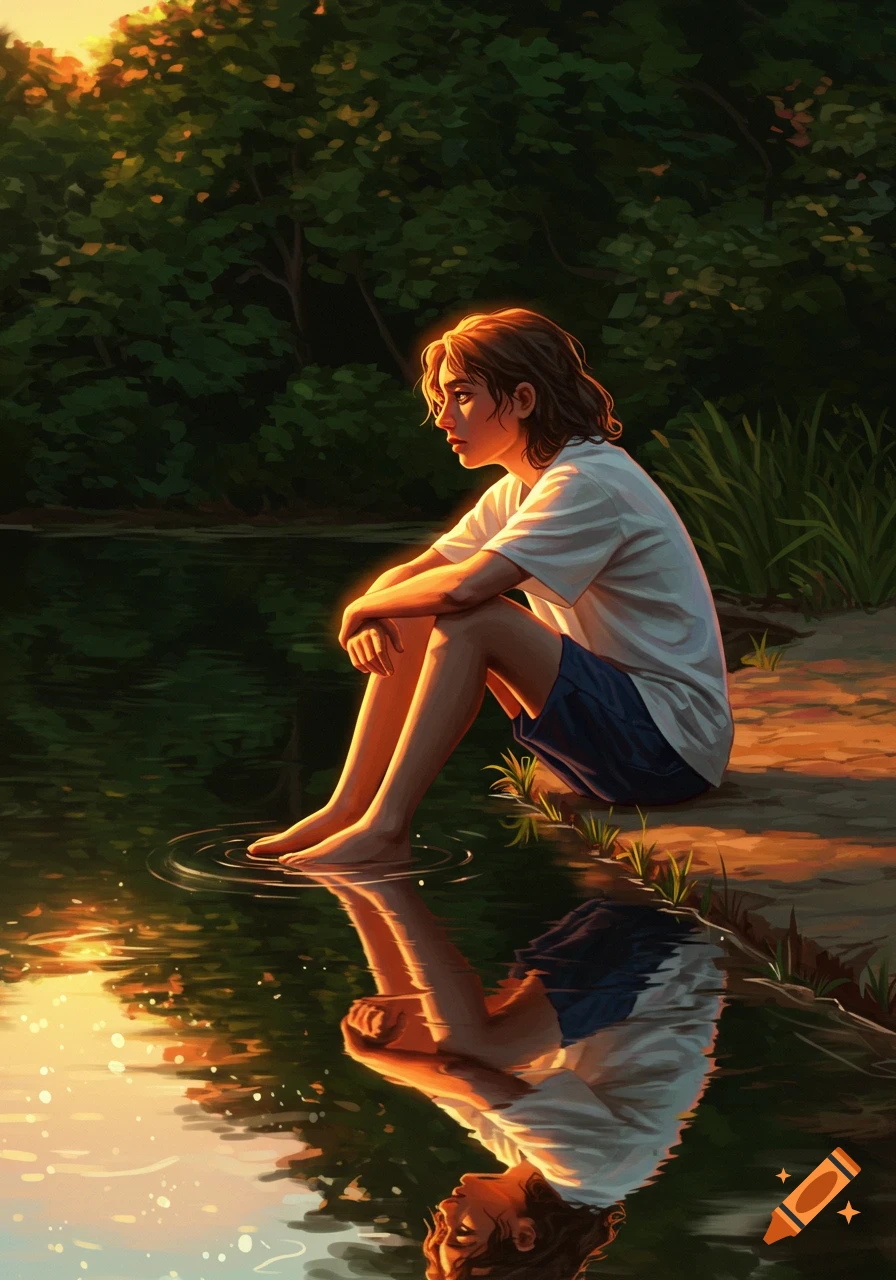 A person sits on the bank of a pond with feet in the water, their reflection visible at sunset, surrounded by trees, in a digital art style.