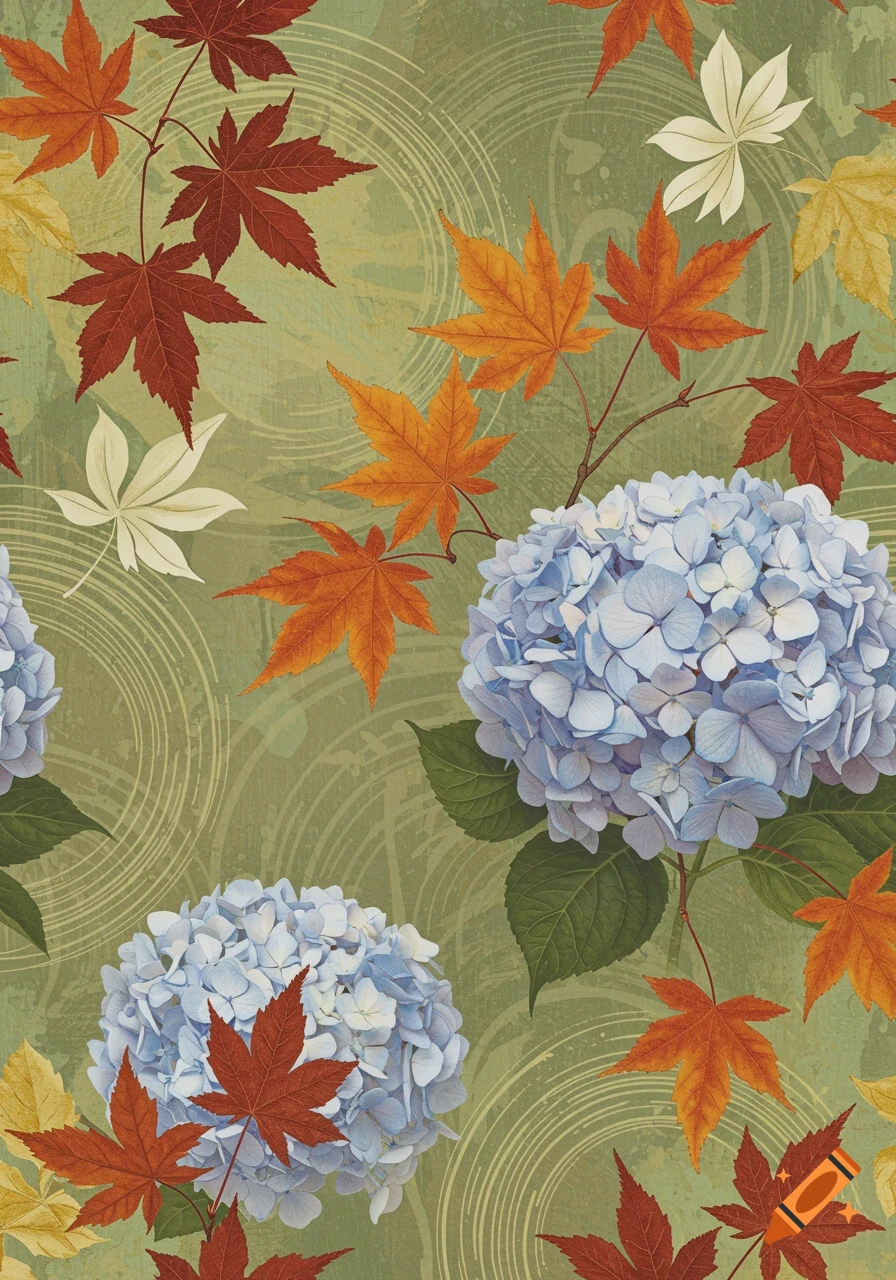 A seamless pattern featuring light blue hydrangea blooms and red, orange, and white maple leaves on a green textured background.