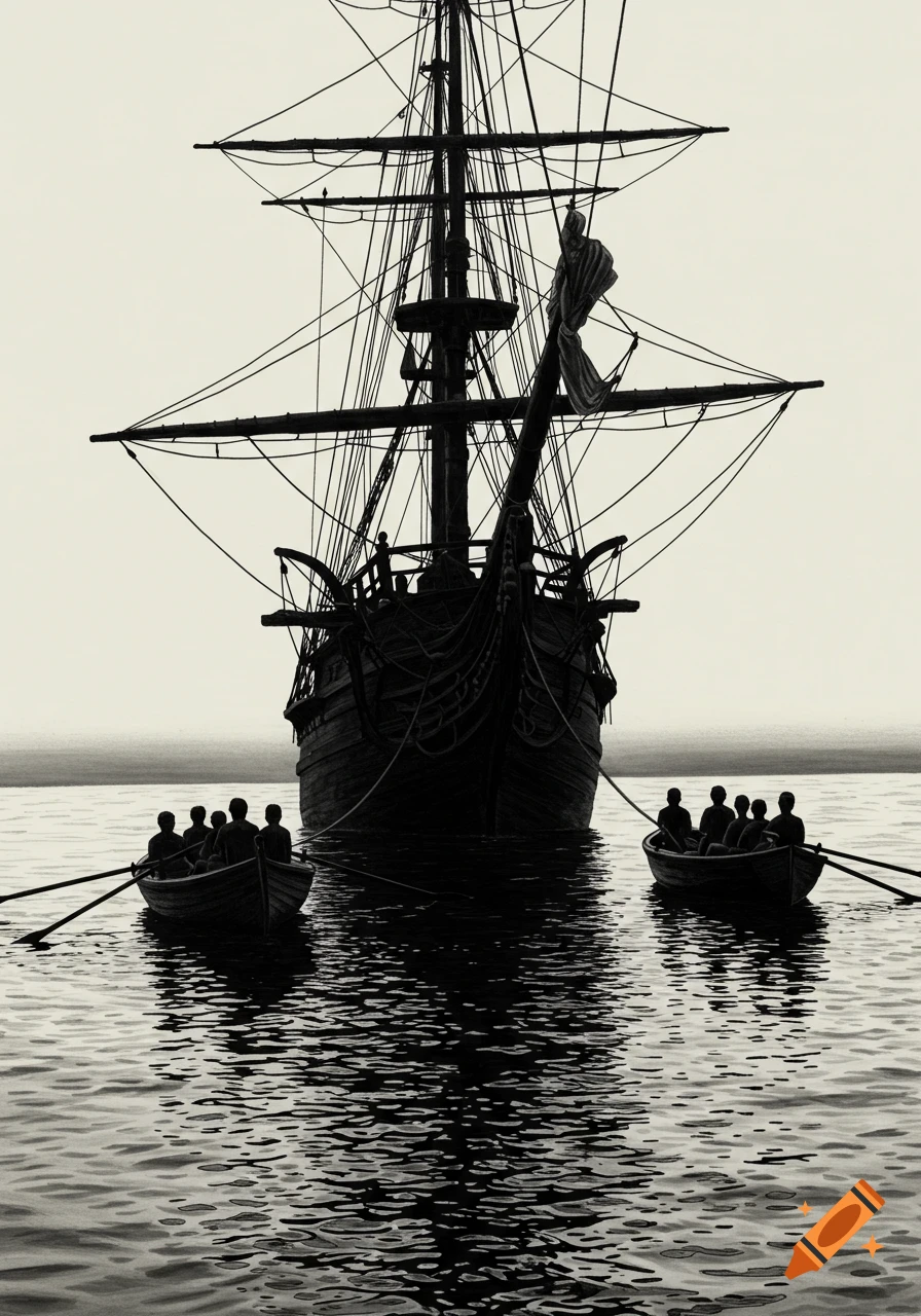 Black and white silhouette illustration of a large sailing ship being pulled by two rowboats with sailors on calm water.
