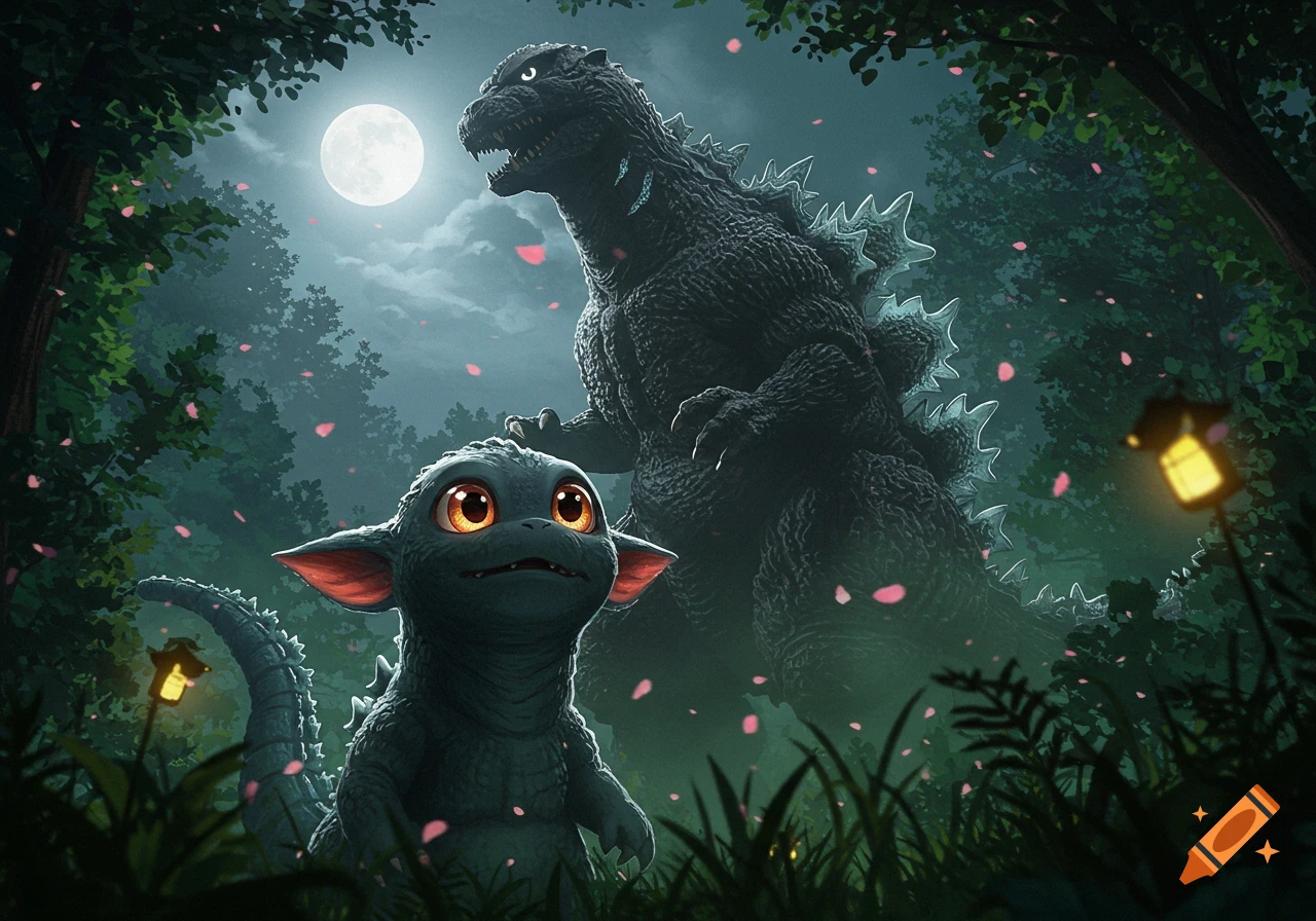 A giant Godzilla stands behind a cute, scared baby Godzilla in a moonlit forest with pink petals falling.
