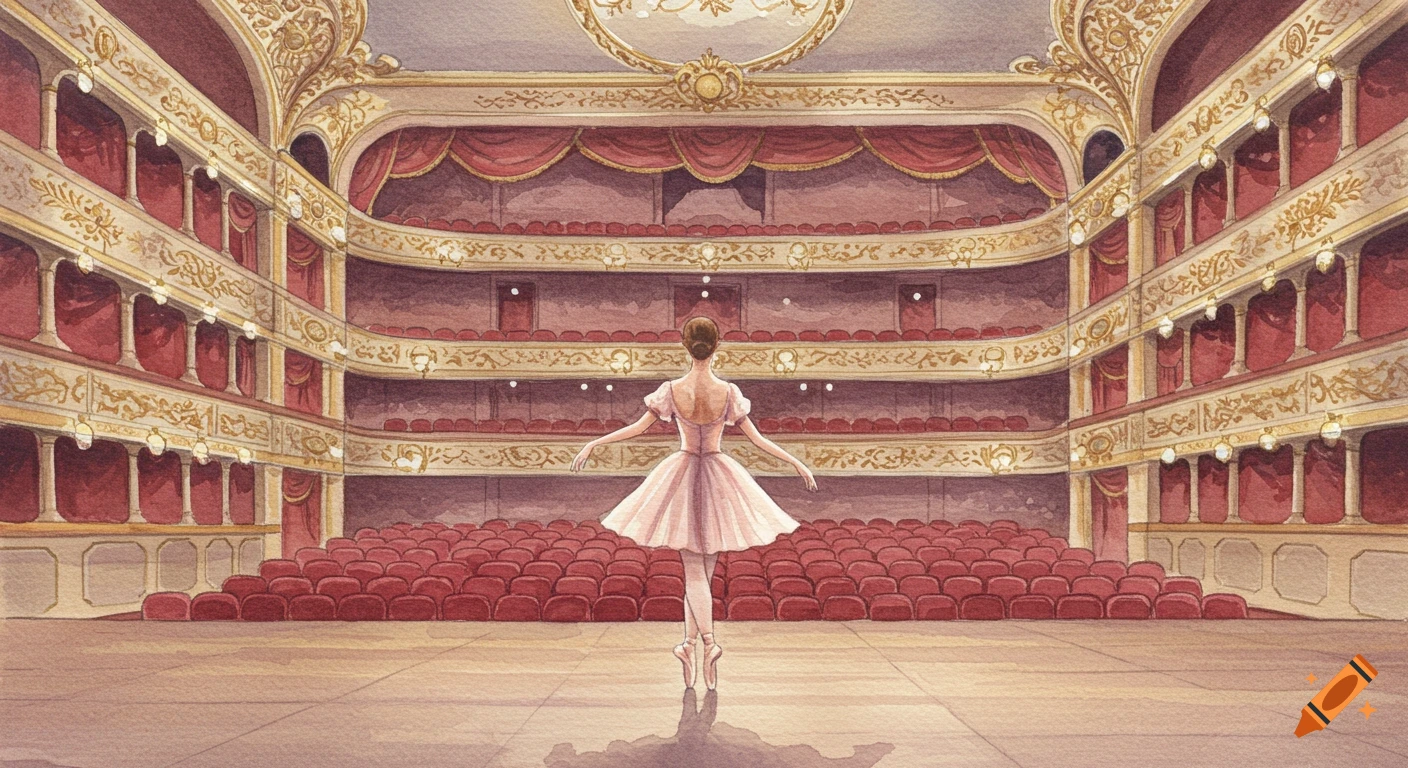 A ballerina in a pink tutu stands on stage, facing away from the viewer, in a grand, empty opera hall. Watercolor painting.
