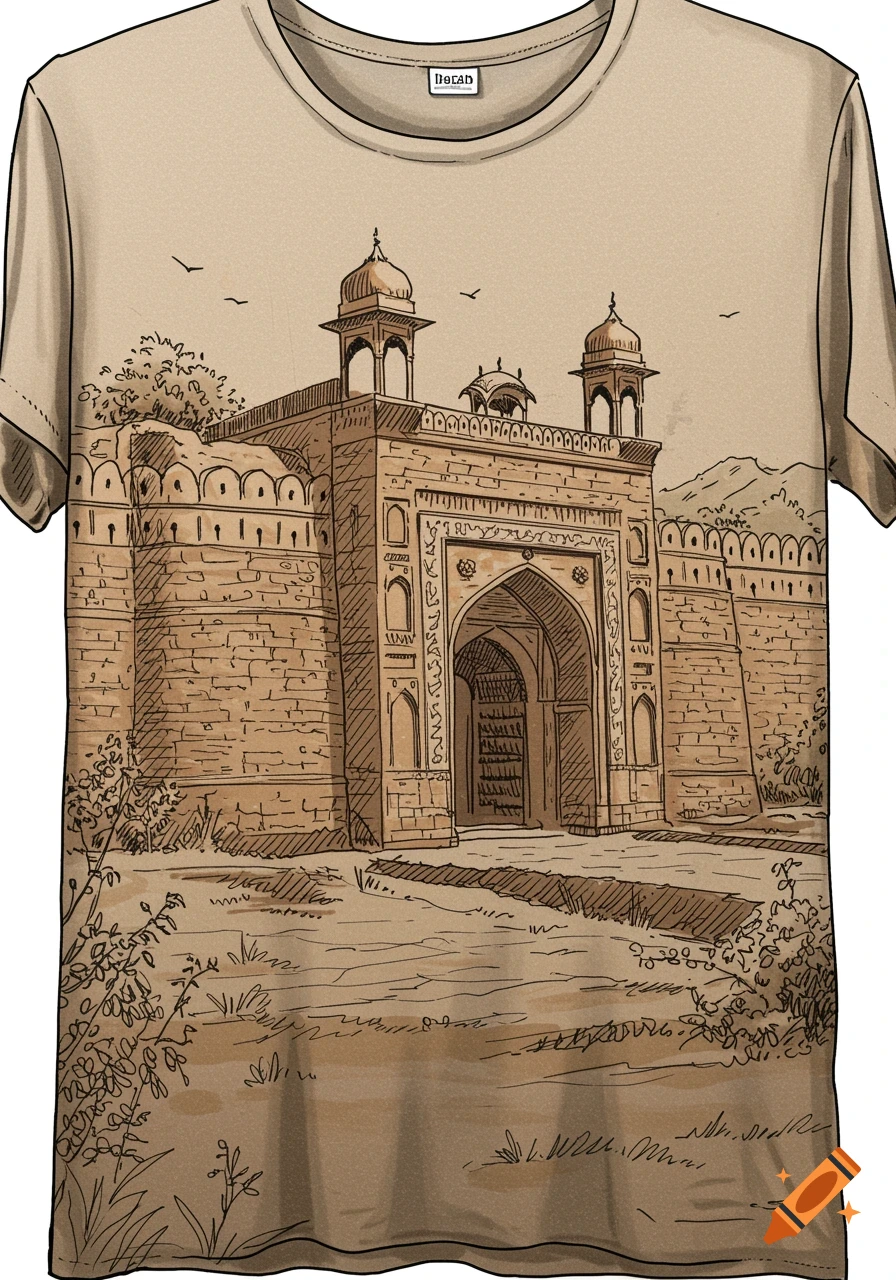 A beige t-shirt features a hand-drawn illustration of a historic fort entrance with domes and arched gateways, surrounded by sketch-style foliage.