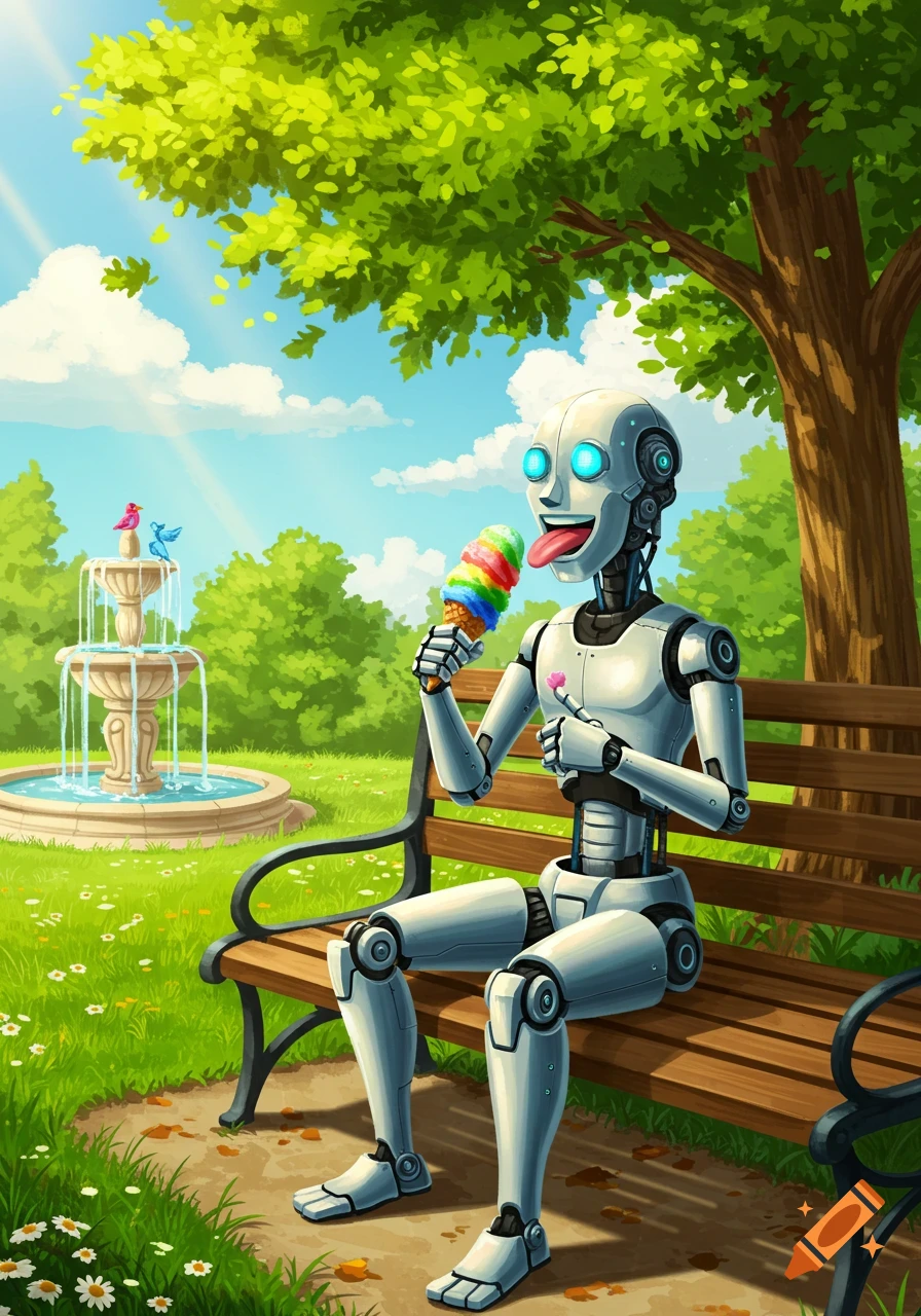 A happy robot sits on a park bench, licking a rainbow-colored ice cream cone, with a fountain and trees in the background.