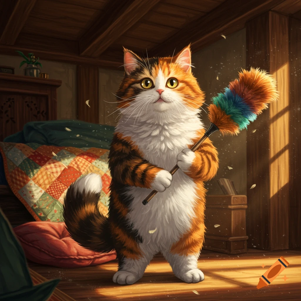 A fluffy calico cat stands upright in a rustic room, holding a colorful feather duster.