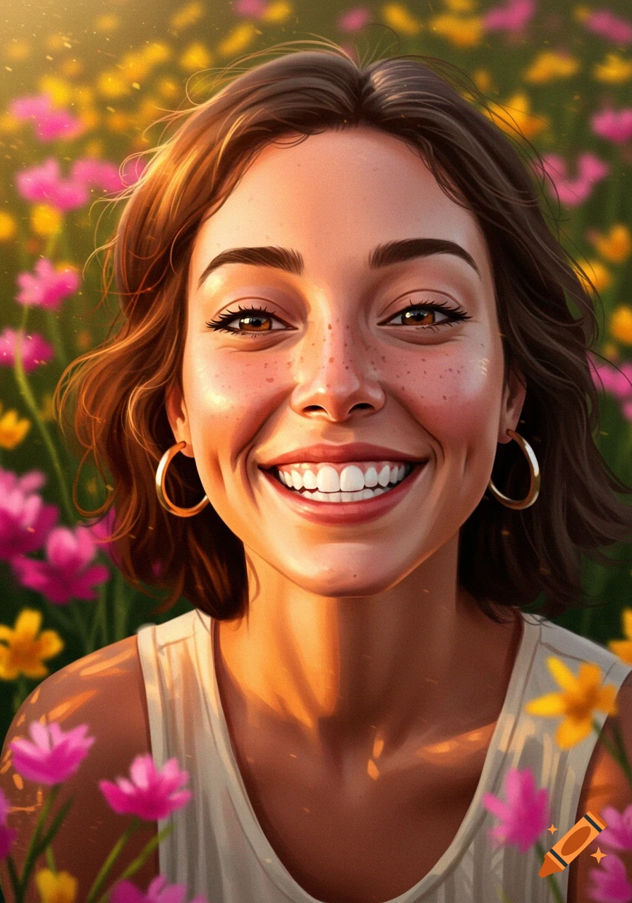 A smiling woman with brown hair and freckles in a sunlit field of pink and yellow flowers.