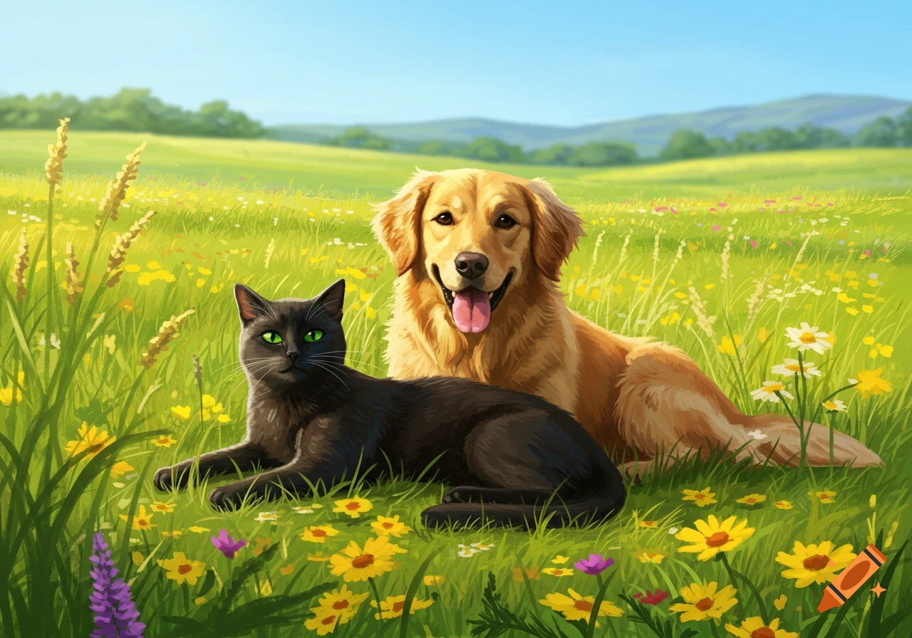A black cat and a golden retriever lie together in a sunny green field filled with yellow wildflowers, rendered in a bright illustrative style.