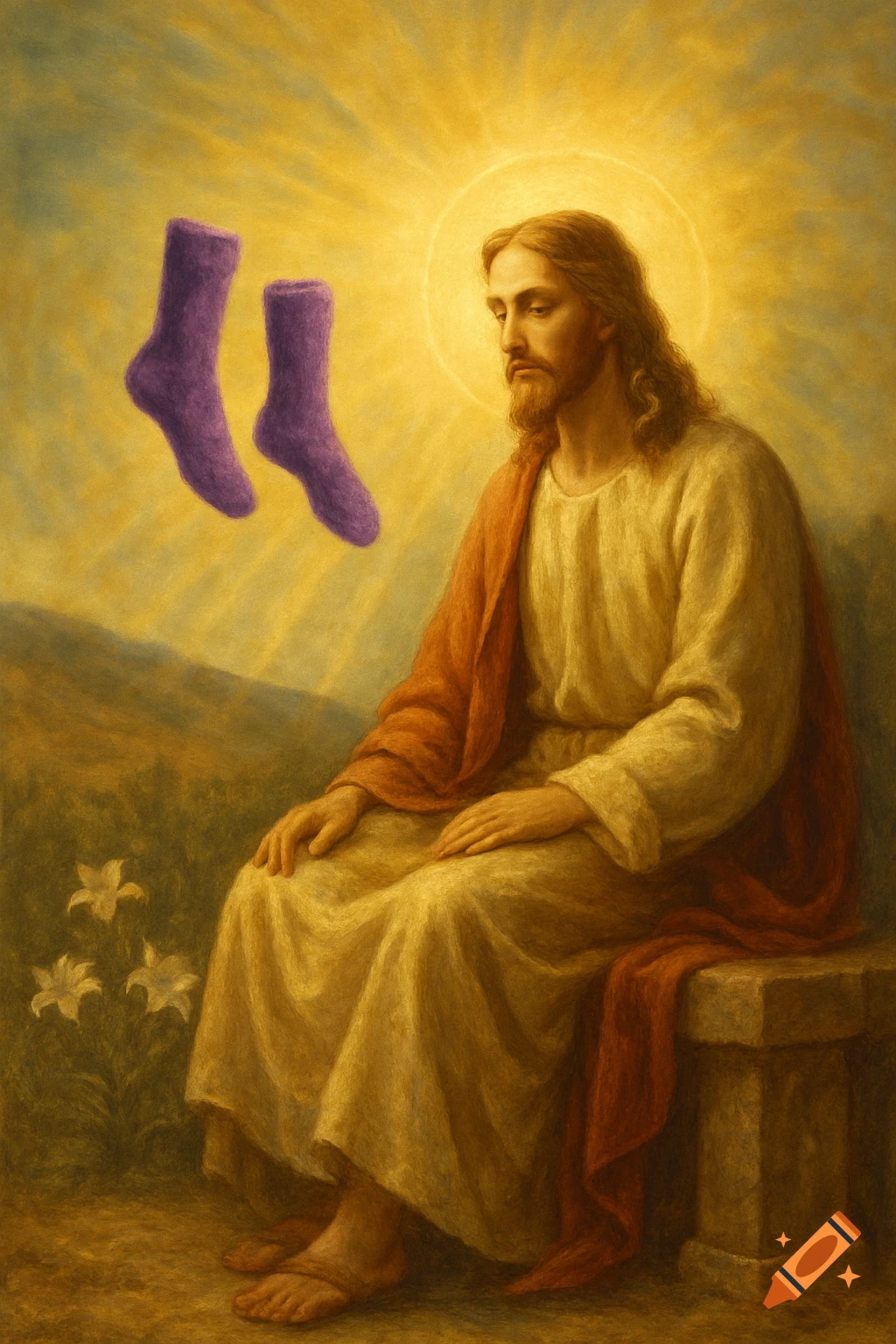 A religious painting depicting Jesus sitting in a landscape, looking thoughtful as two purple socks float in the sky above him.
